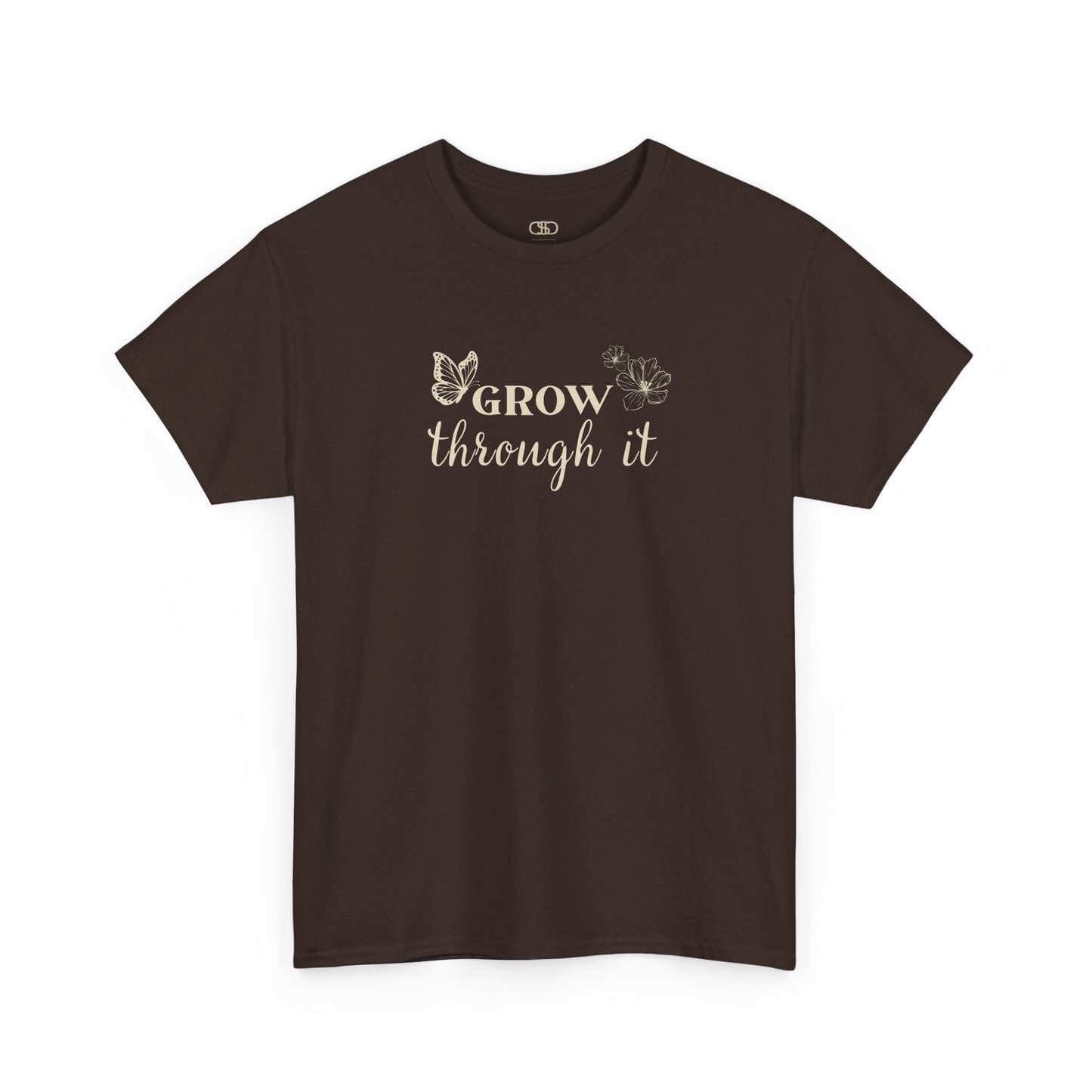 A dark brown t-shirt with "Grow Through It" and a butterfly on the front and a design of a spine with vines, flowers, and butterflies on the back.