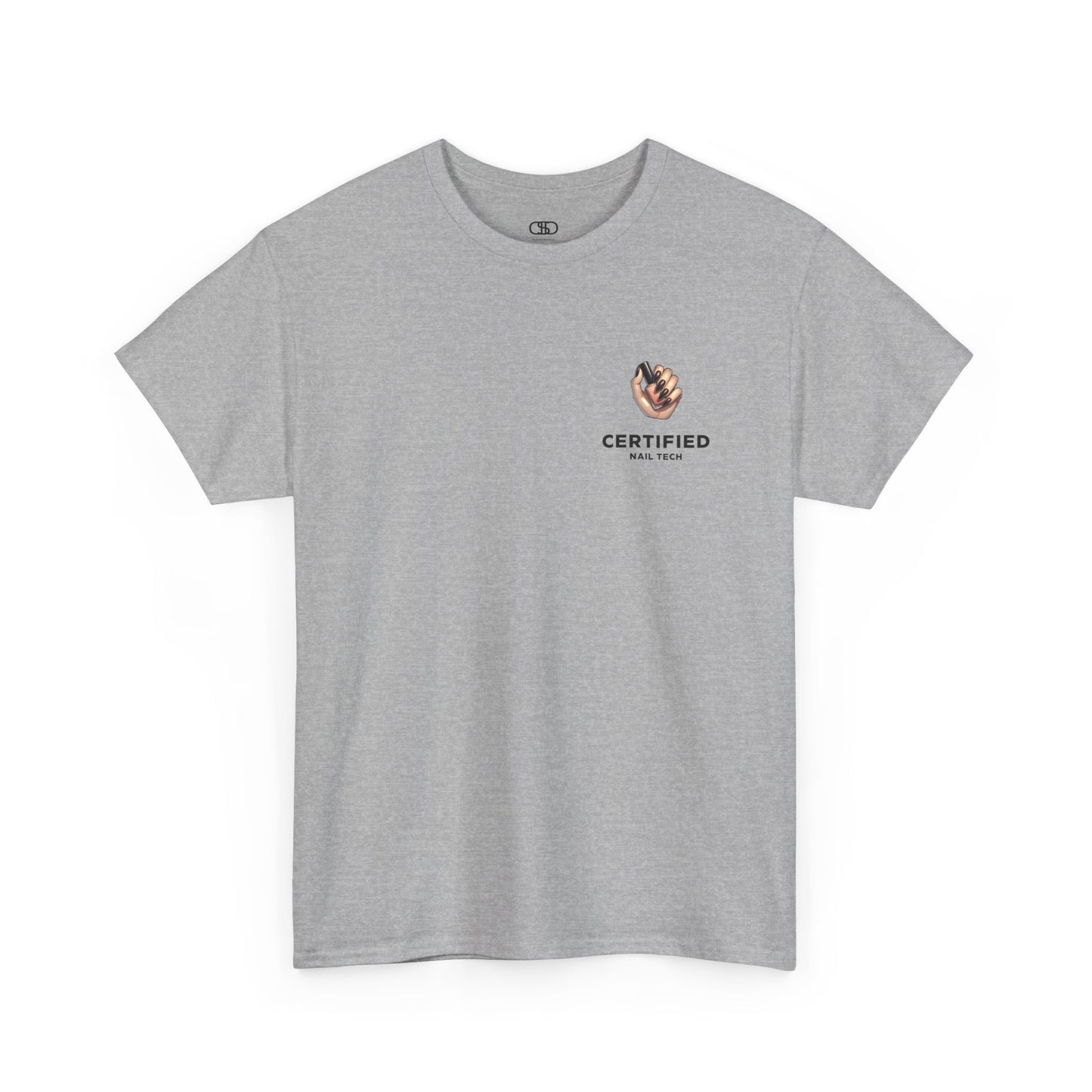 A Gray t-shirt with a hand graphic design holding nail polish with polished nails followed by the words Certified Nail Tech beneath it.