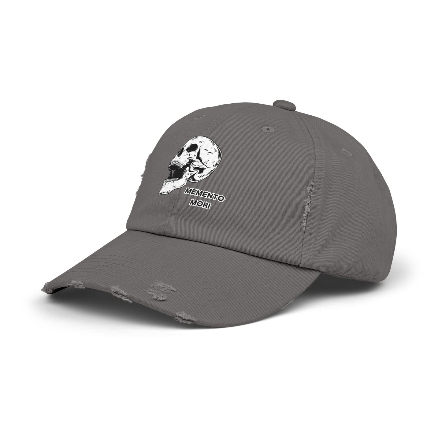Memento Mori Distressed Hat – Skull Embroidered Cap with Gothic Flair