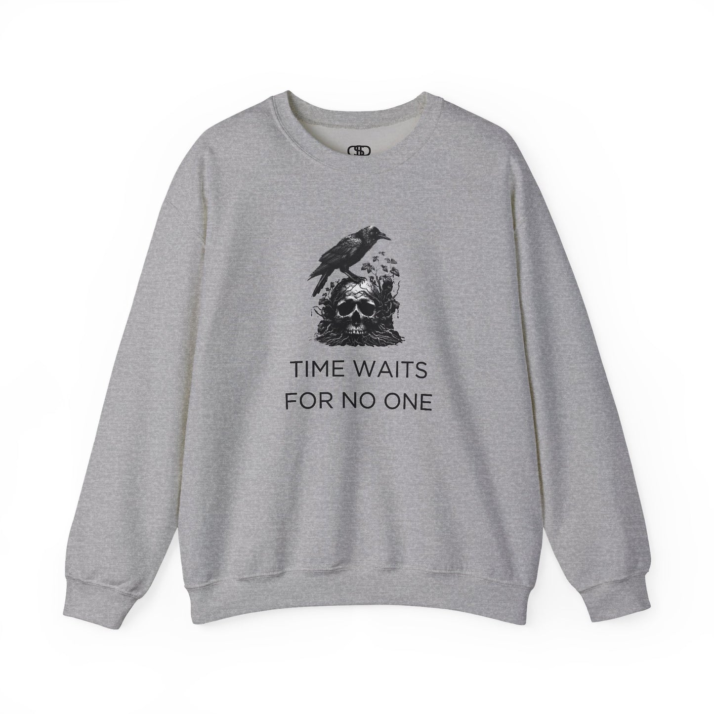 A sweatshirt featuring a detailed illustration of a crow perched on a human skull that is intertwined with overgrown vines and moss. Along with the words Time Waits For No One.