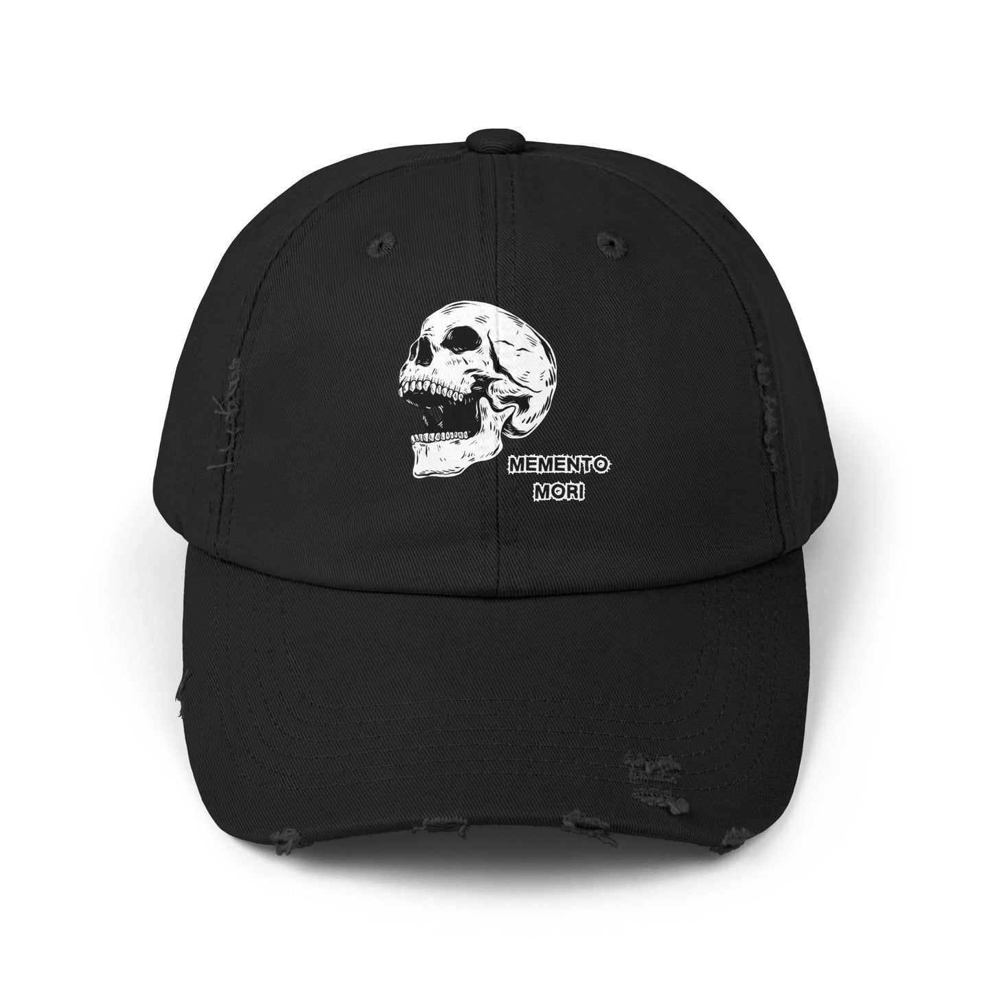 Memento Mori Distressed Hat – Skull Embroidered Cap with Gothic Flair