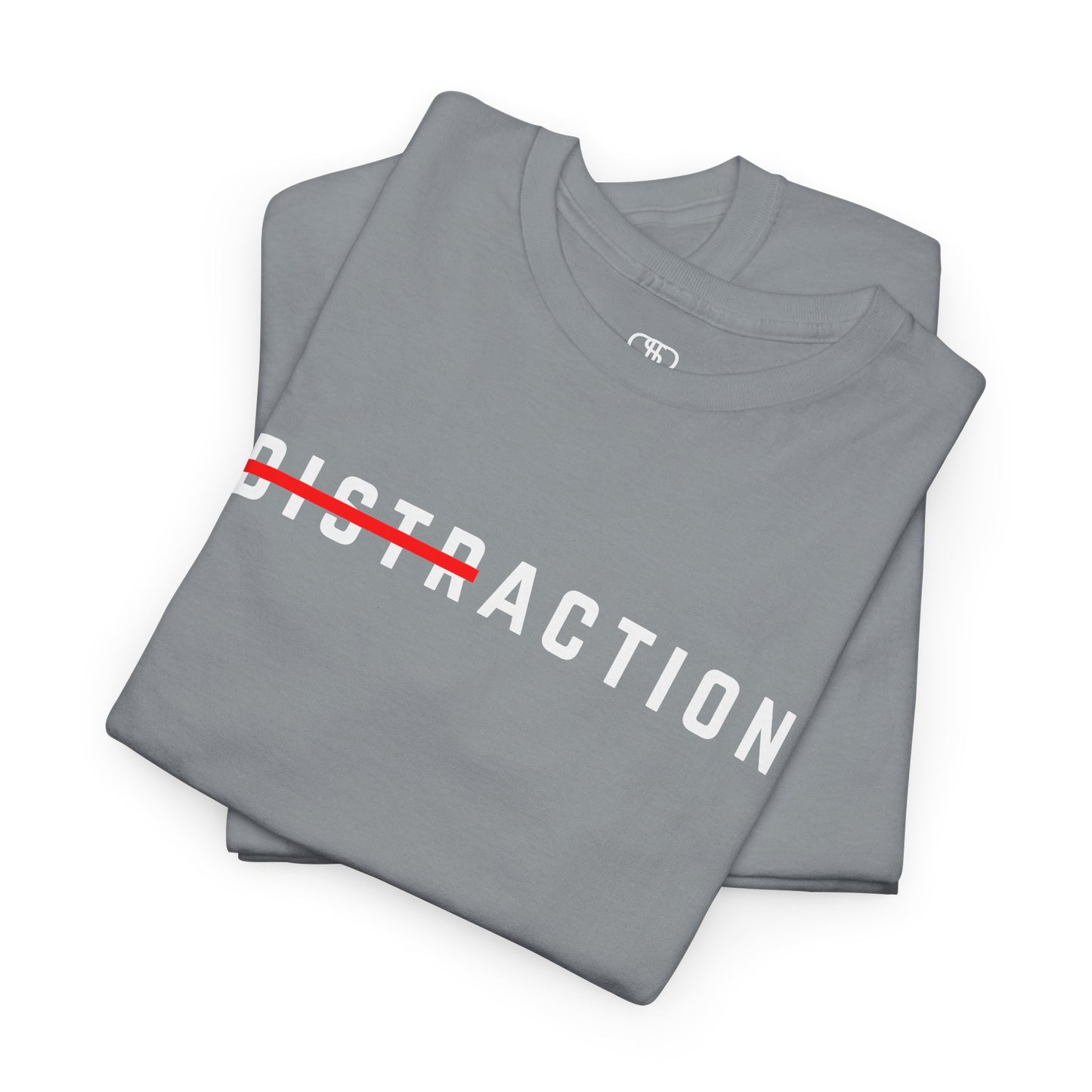 A folded A minimalist t-shirt featuring the word "Distraction" with the 'Dist' part crossed out, emphasizing the word 'Action' in a bold font.