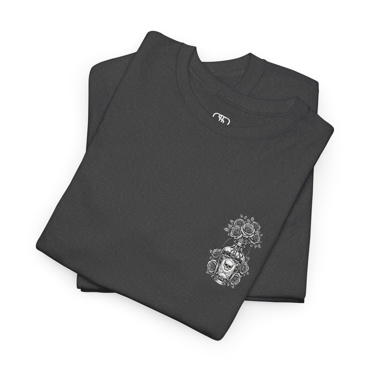 A dark heather t-shirt with a skull and crossbones vase filled with roses and the words “Surviving Purely Out of Spite” in a gothic font.
