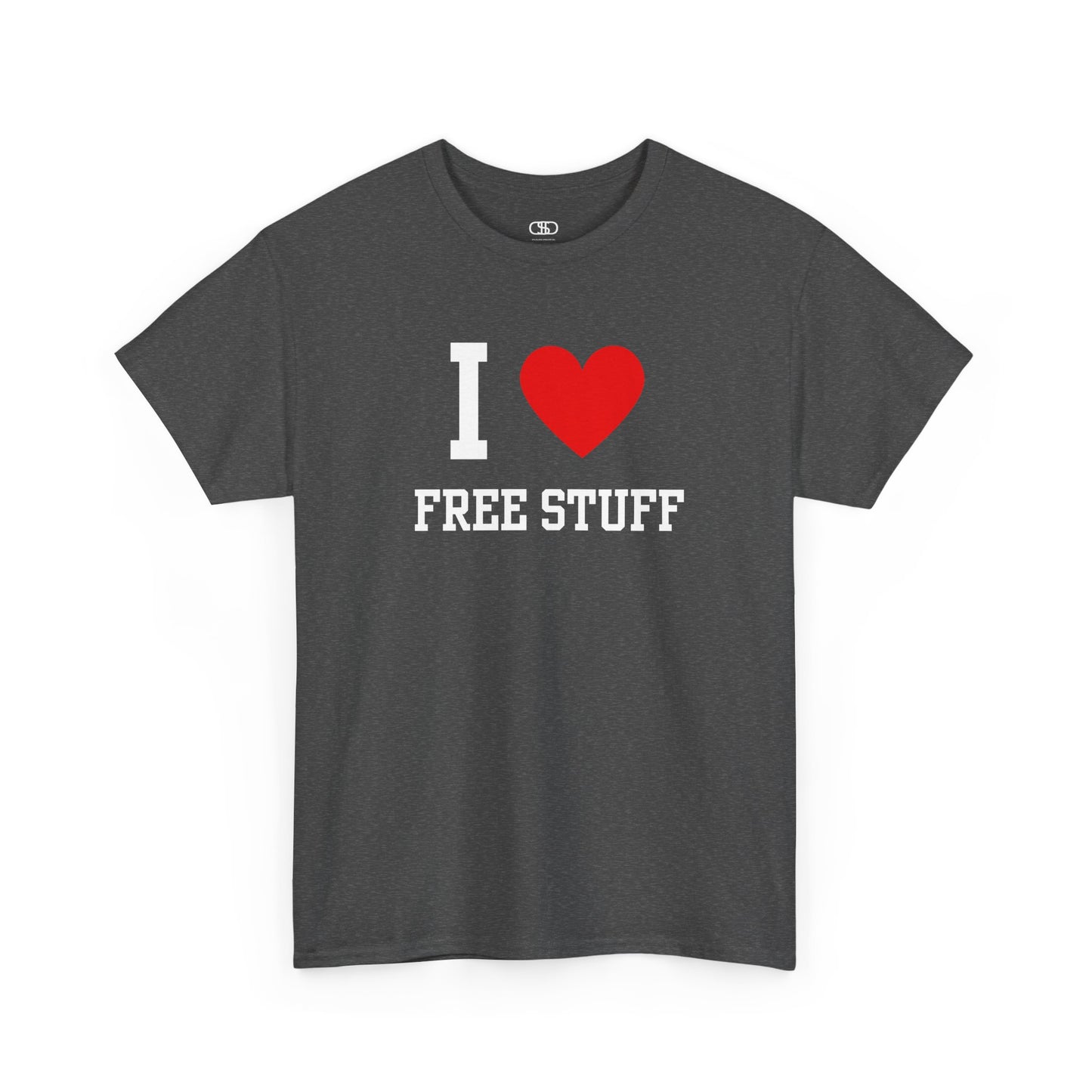 A funny heather gray t-shirt with the iconic "I Love" design, featuring the text "I," a red heart, and the phrase "Free Stuff" below.
