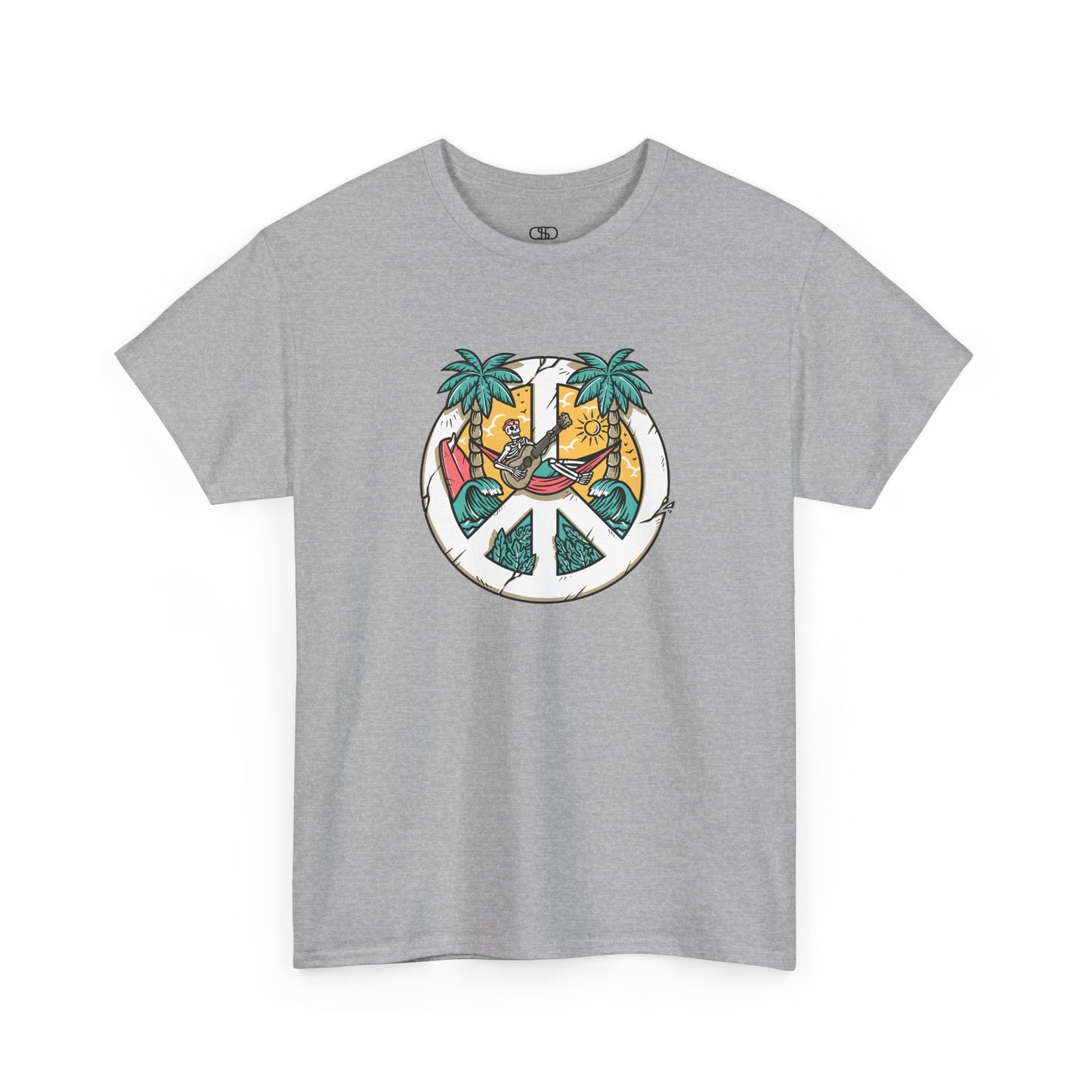 T-shirt showing a skeleton with a peace sign head, lying in a hammock playing a guitar between two palm trees with waves in the background.