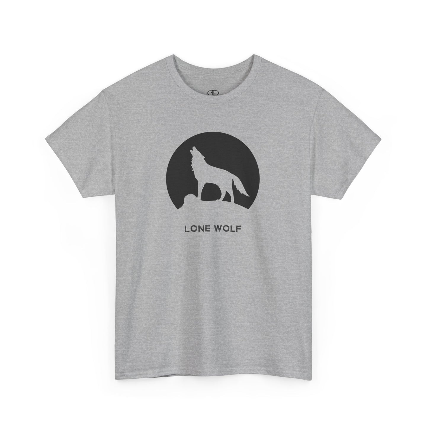 Graphic t-shirt with a black silhouette of a wolf howling on a mountain peak, with the words 'lone wolf' underneath.