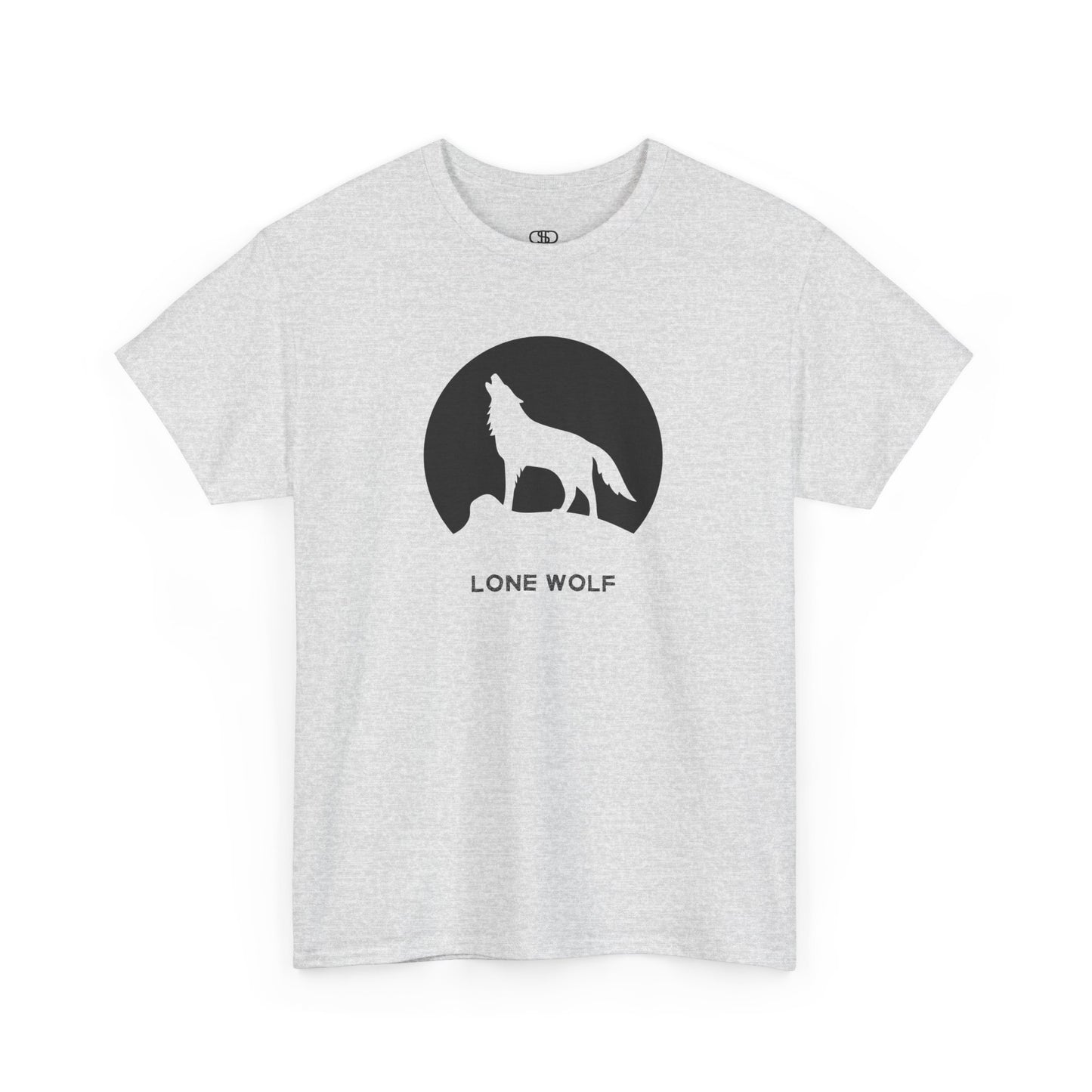 Graphic t-shirt with a black silhouette of a wolf howling on a mountain peak, with the words 'lone wolf' underneath.