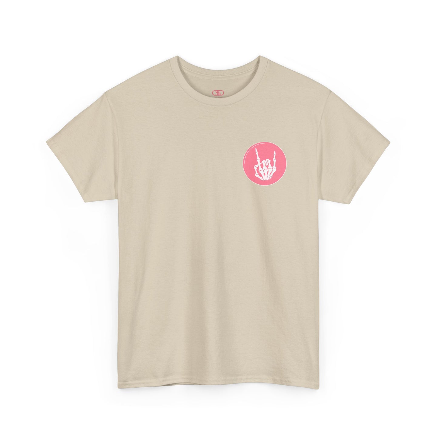 A sand t-shirt with a skeletal hand in a bubble on the front and the phrase “Sorry you’re intimidated by my resting Bitch ace I’m actually a fucking delight” on the back.