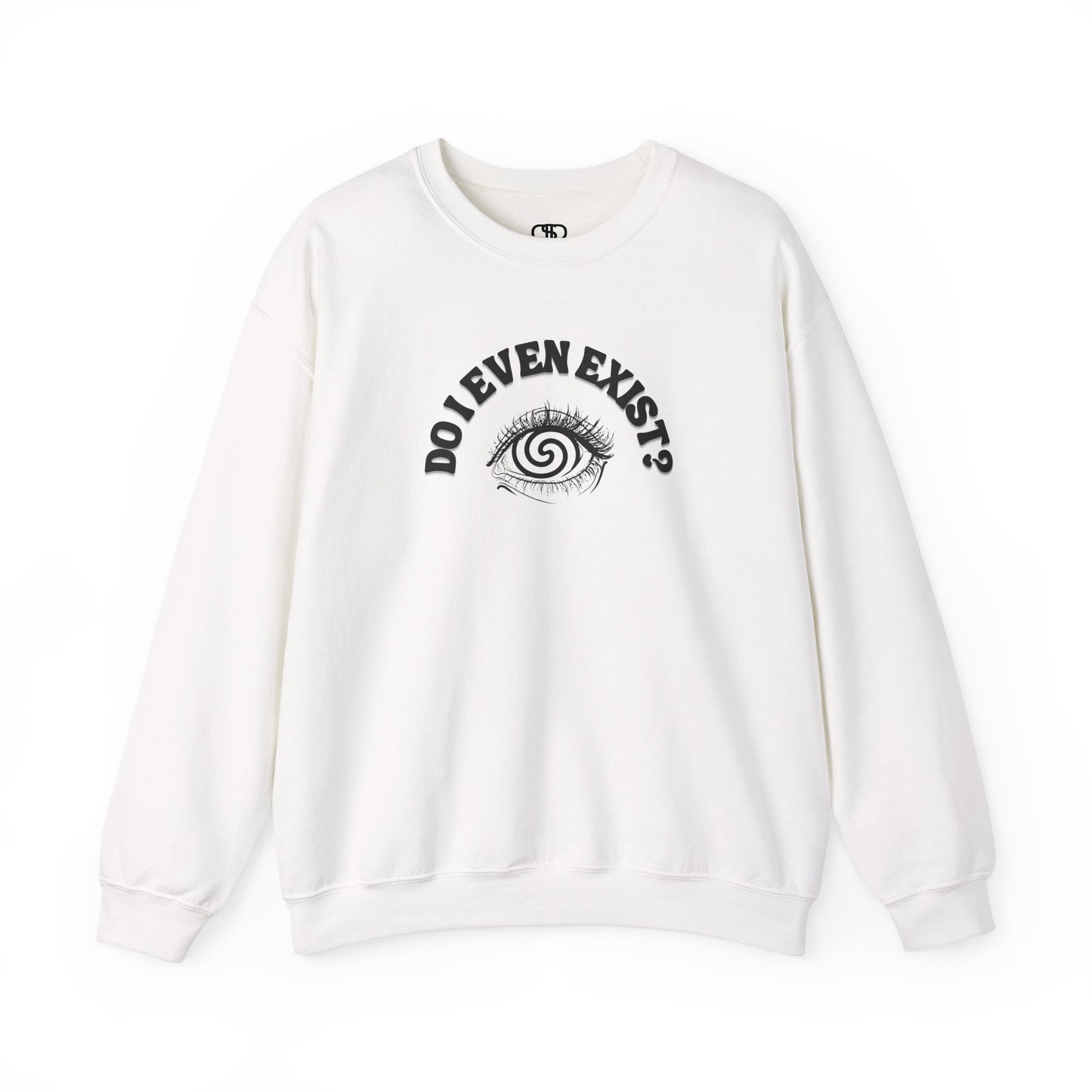 A white sweatshirt with a graphic print of a detailed, realistic eye that contains an optical illusion of a spiral. The text "Do I even Exist?" is printed below the eye in a clean, sans-serif font.