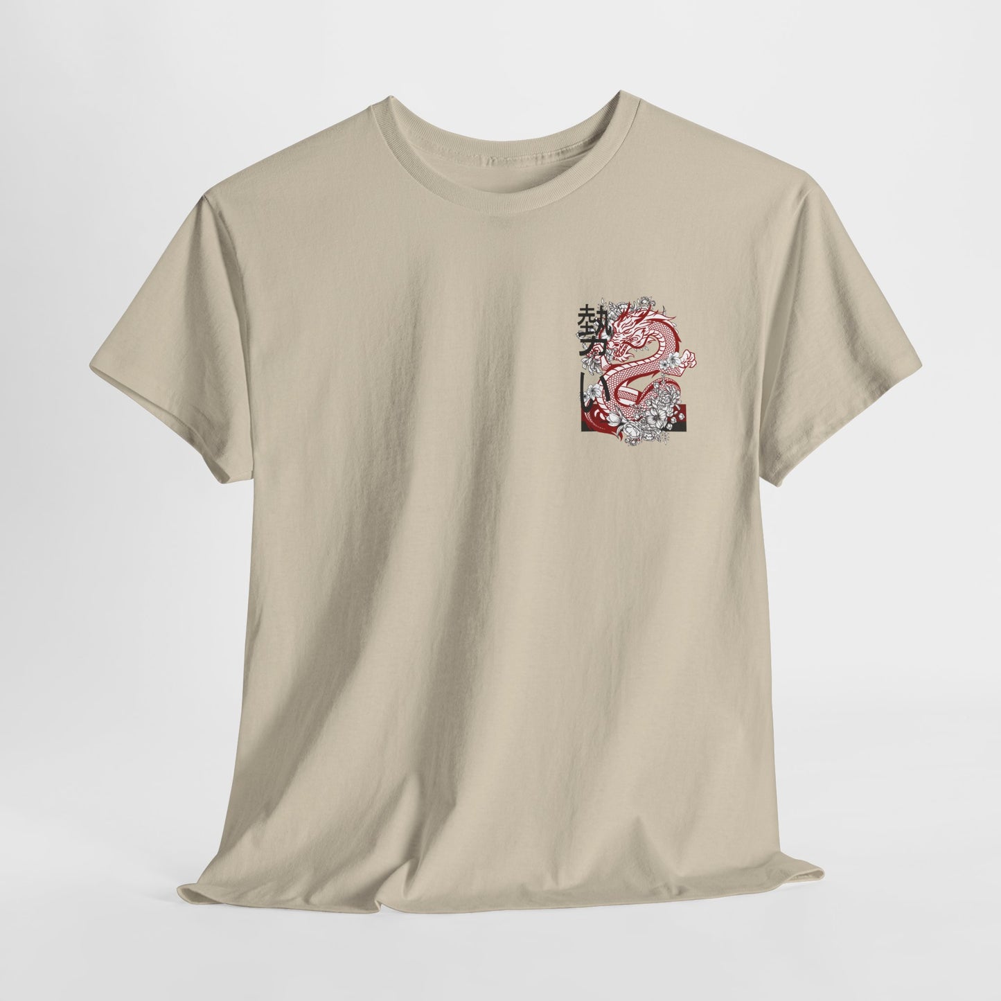 Front of a t-shirt featuring a fierce, stylized dragon in red, black, and white on the left chest area.