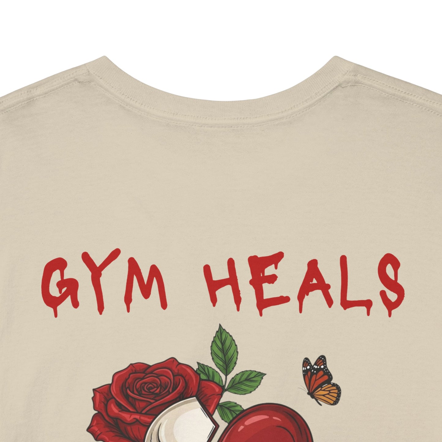 "Gym Heals" Broken Red Heart Skull Rose Tee