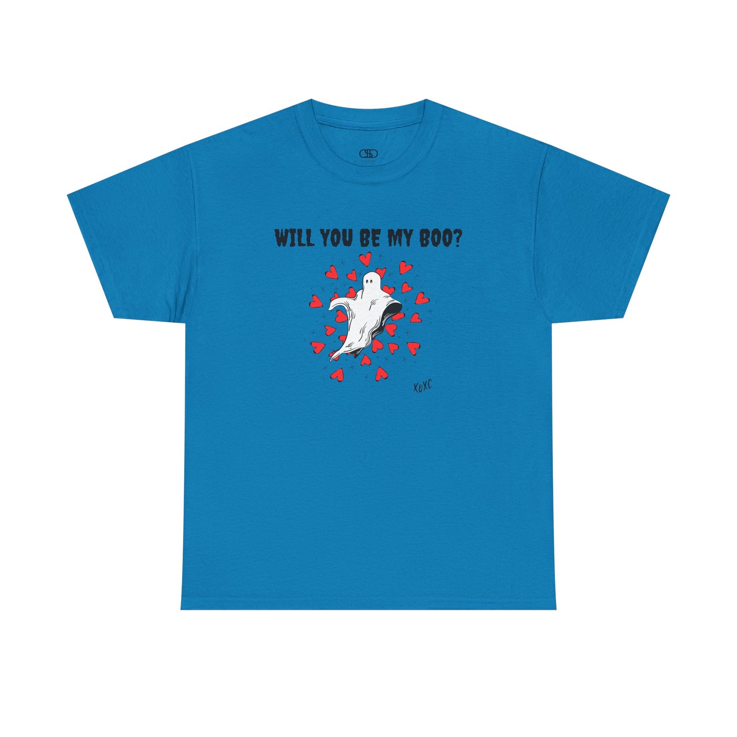 A t-shirt featuring a cute floating ghost surrounded by bursting hearts. At the top of the design, the text reads, "Will You Be my Boo?"