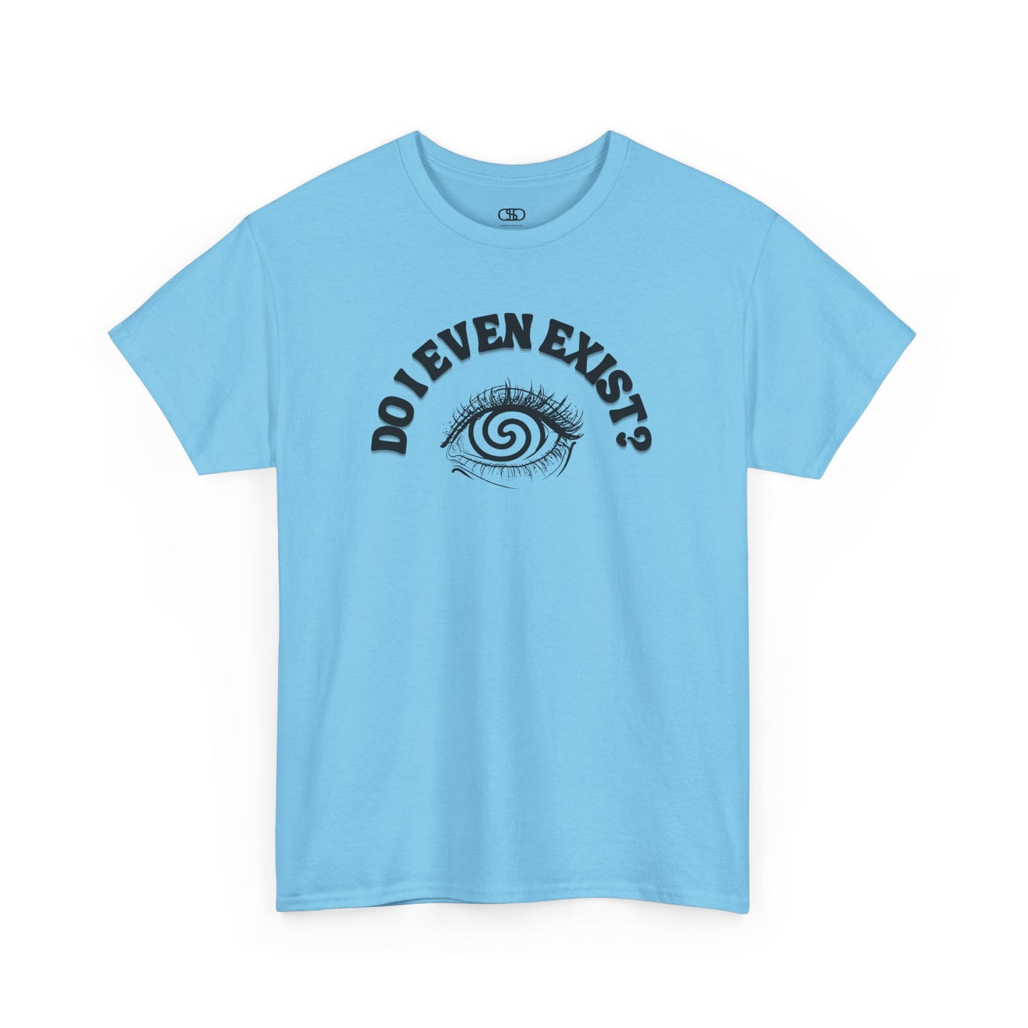 Light Blue T-shirt with an eyeball and a mind-bending optical illusion and the text "Do I even exist?"