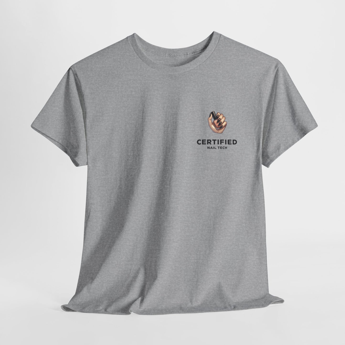 A gray t-shirt with a hand graphic design holding nail polish with polished nails followed by the words Certified Nail Tech beneath it.