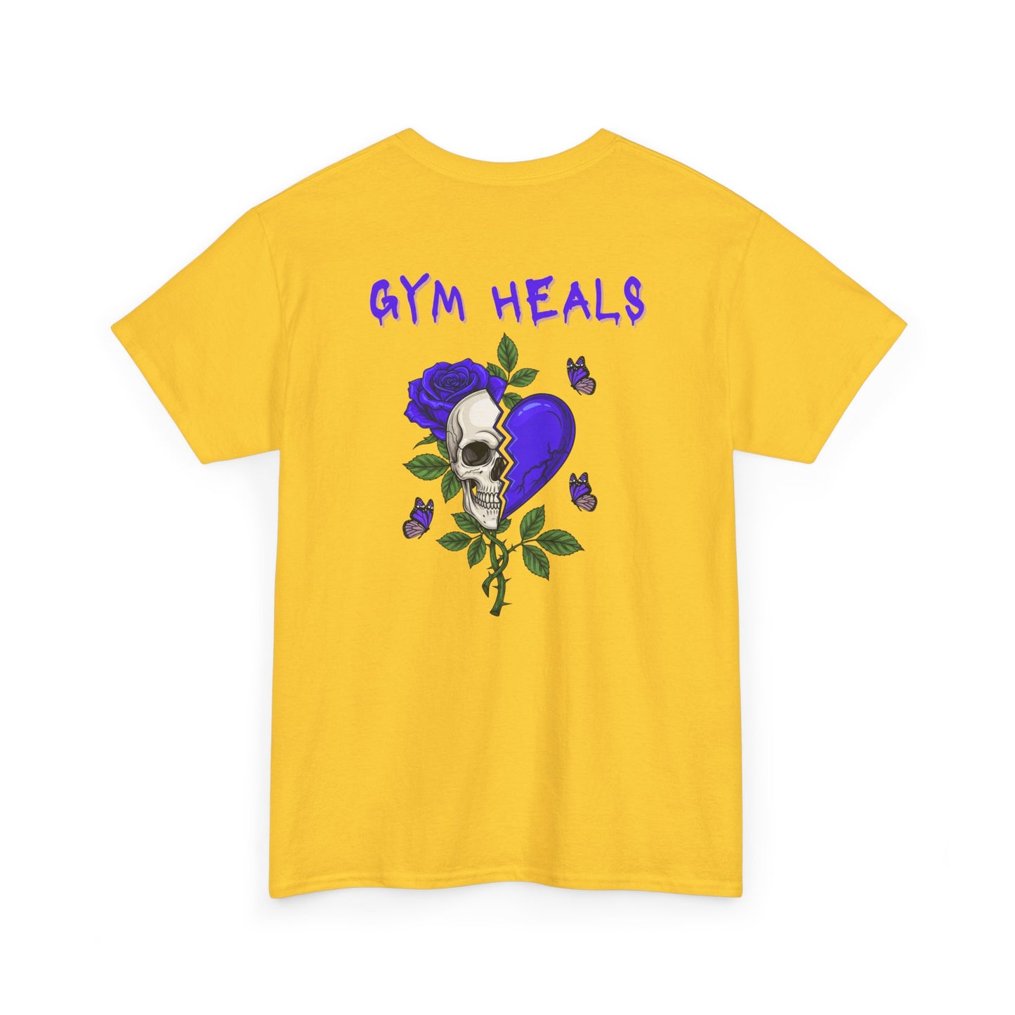 A daisy t-shirt with a front design of a half skull, half broken purple heart, and a rose. The back reads "Gym Heals" along with a similar design found on the front.