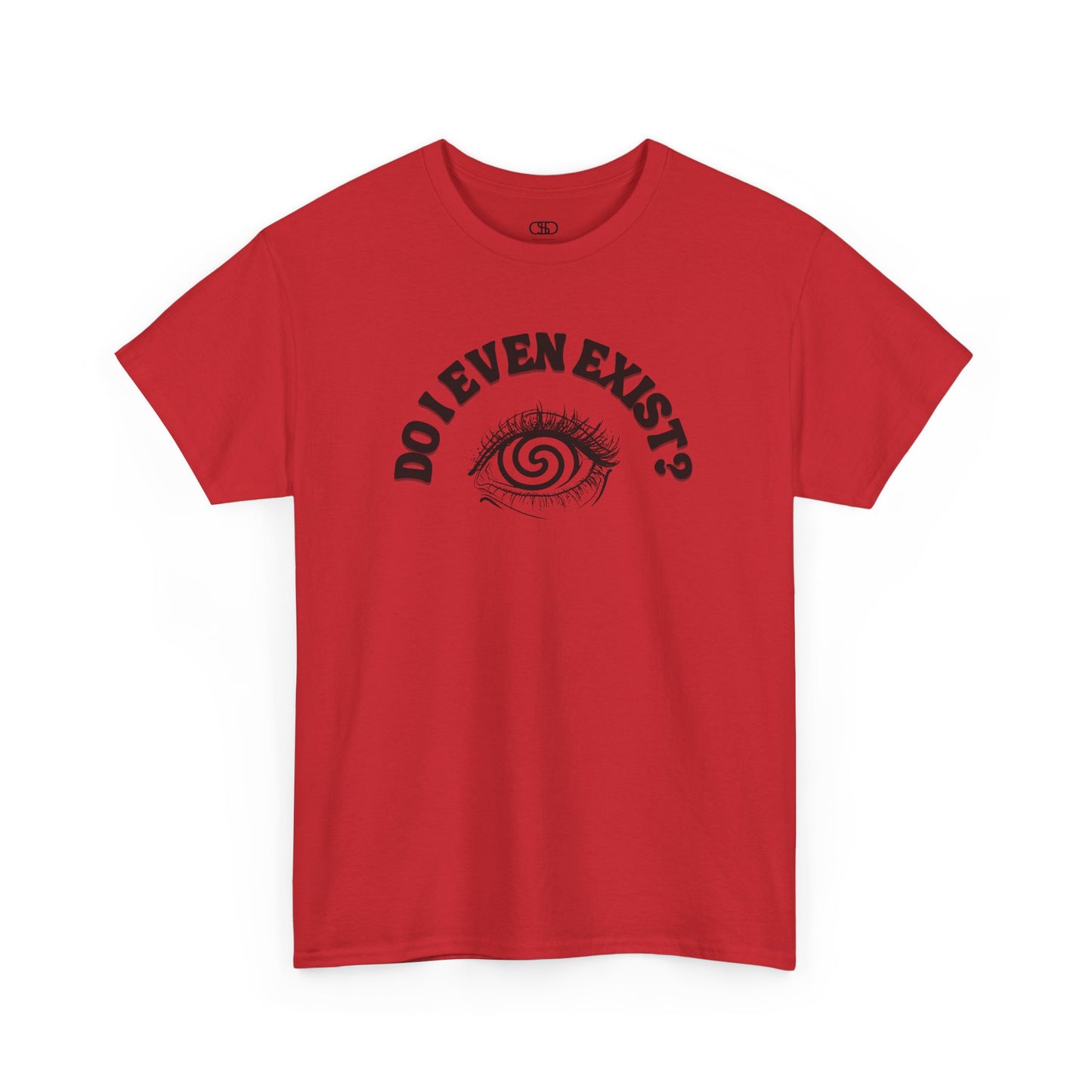 Red T-shirt with an eyeball and a mind-bending optical illusion and the text "Do I even exist?"