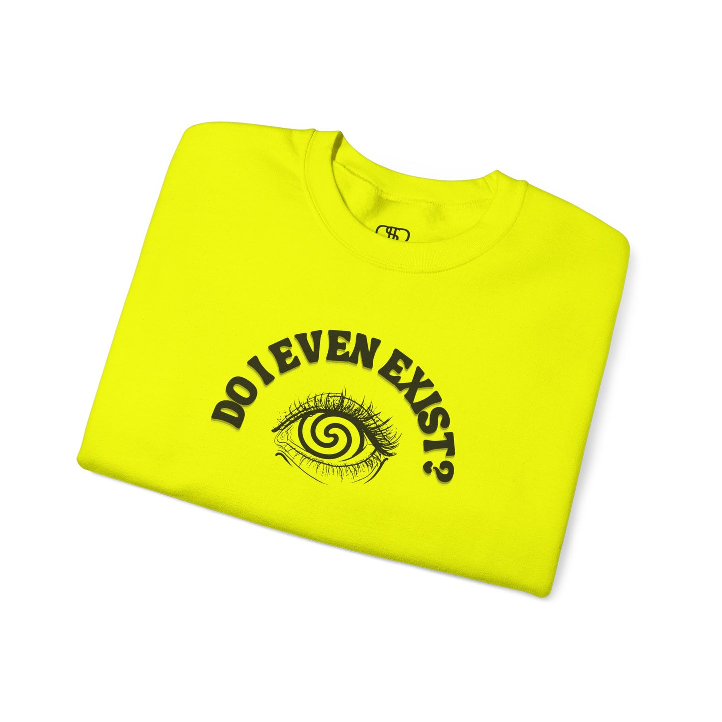 A sweatshirt with a graphic print of a detailed, realistic eye that contains an optical illusion of a spiral. The text "Do I even Exist?" is printed above the eye in a clean font.