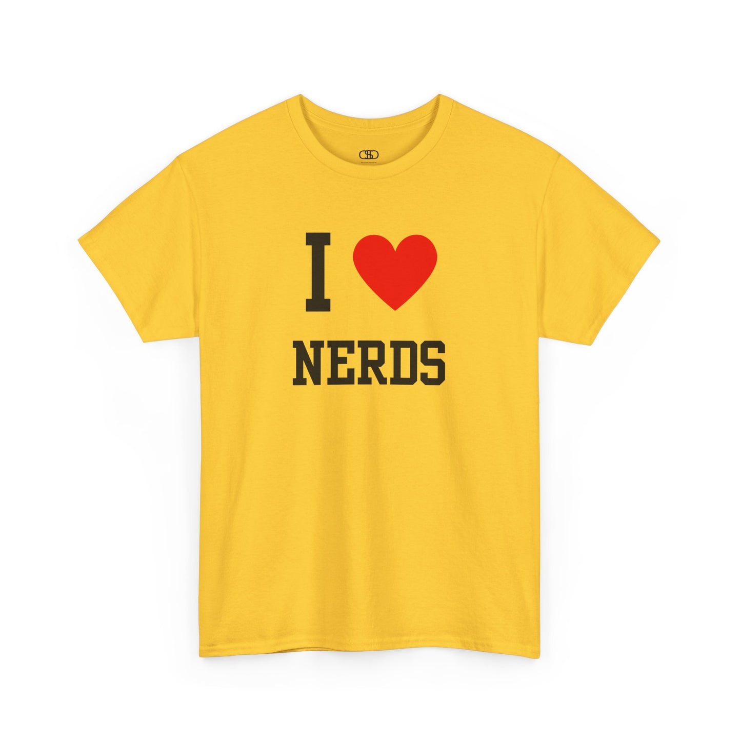 A yellow t-shirt featuring the classic "I Love" layout with the text "I," a red heart graphic, and the word "Nerds" below.