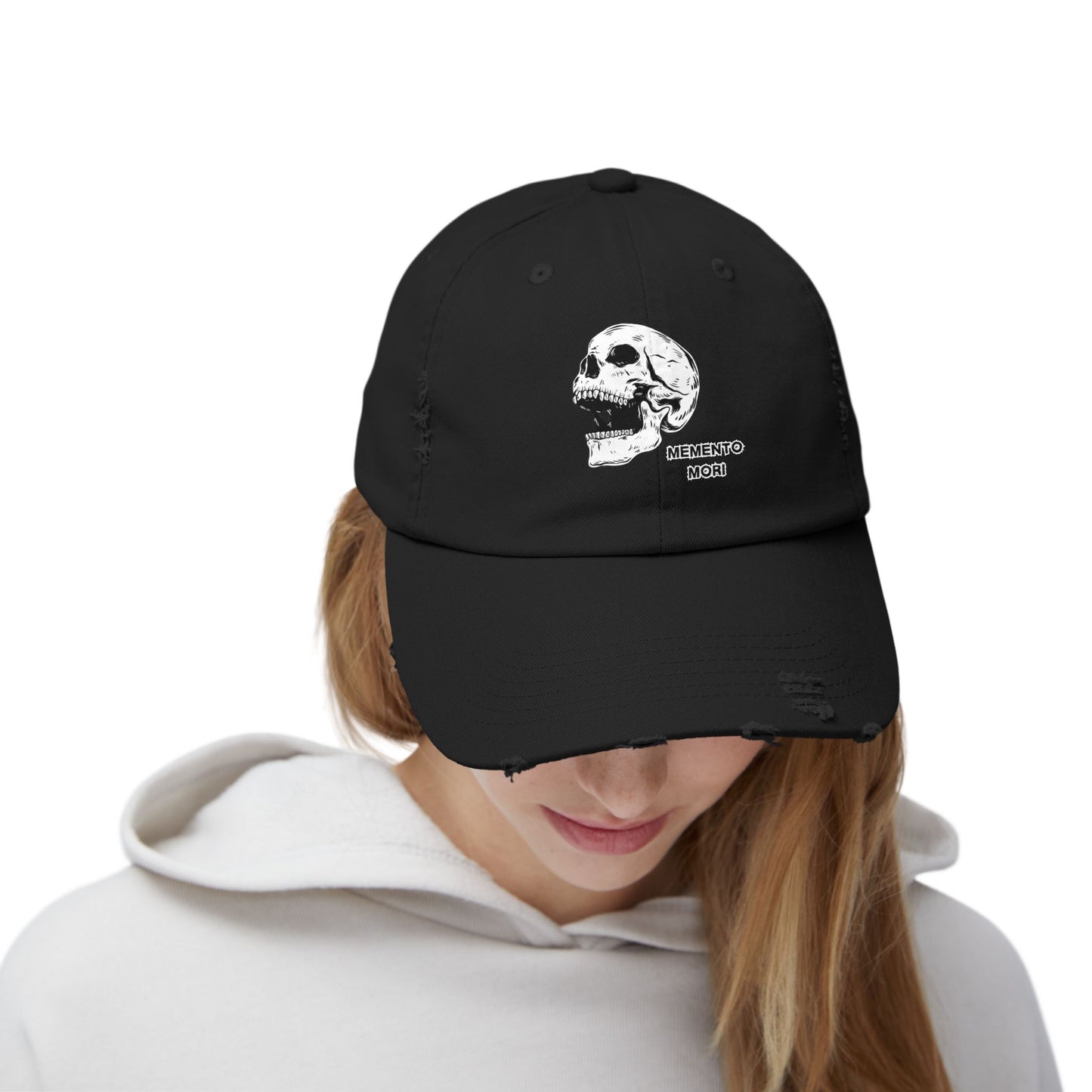 Memento Mori Distressed Hat – Skull Embroidered Cap with Gothic Flair