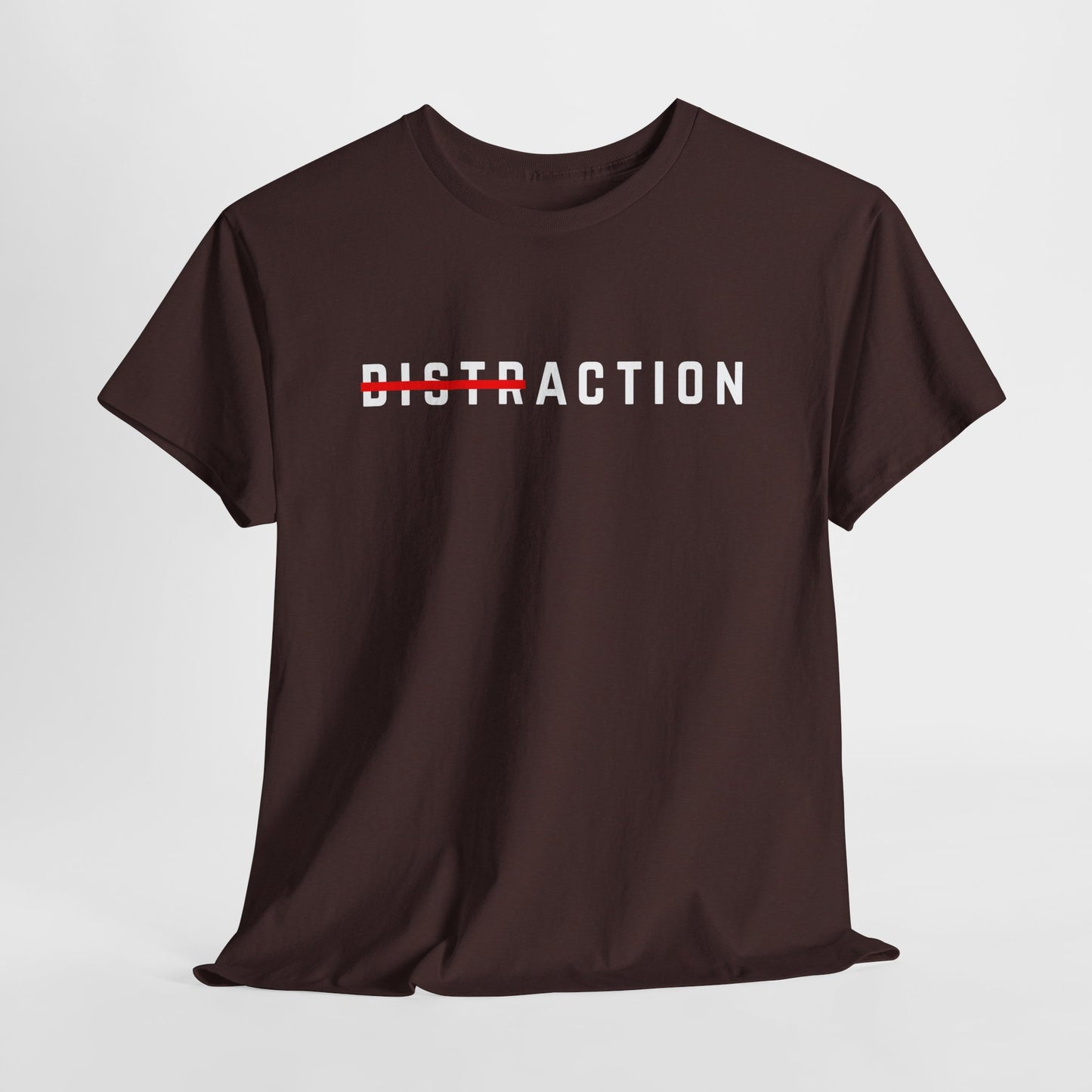 A minimalist t-shirt featuring the word "Distraction" with the 'Dist' part crossed out, emphasizing the word 'Action' in a bold font.