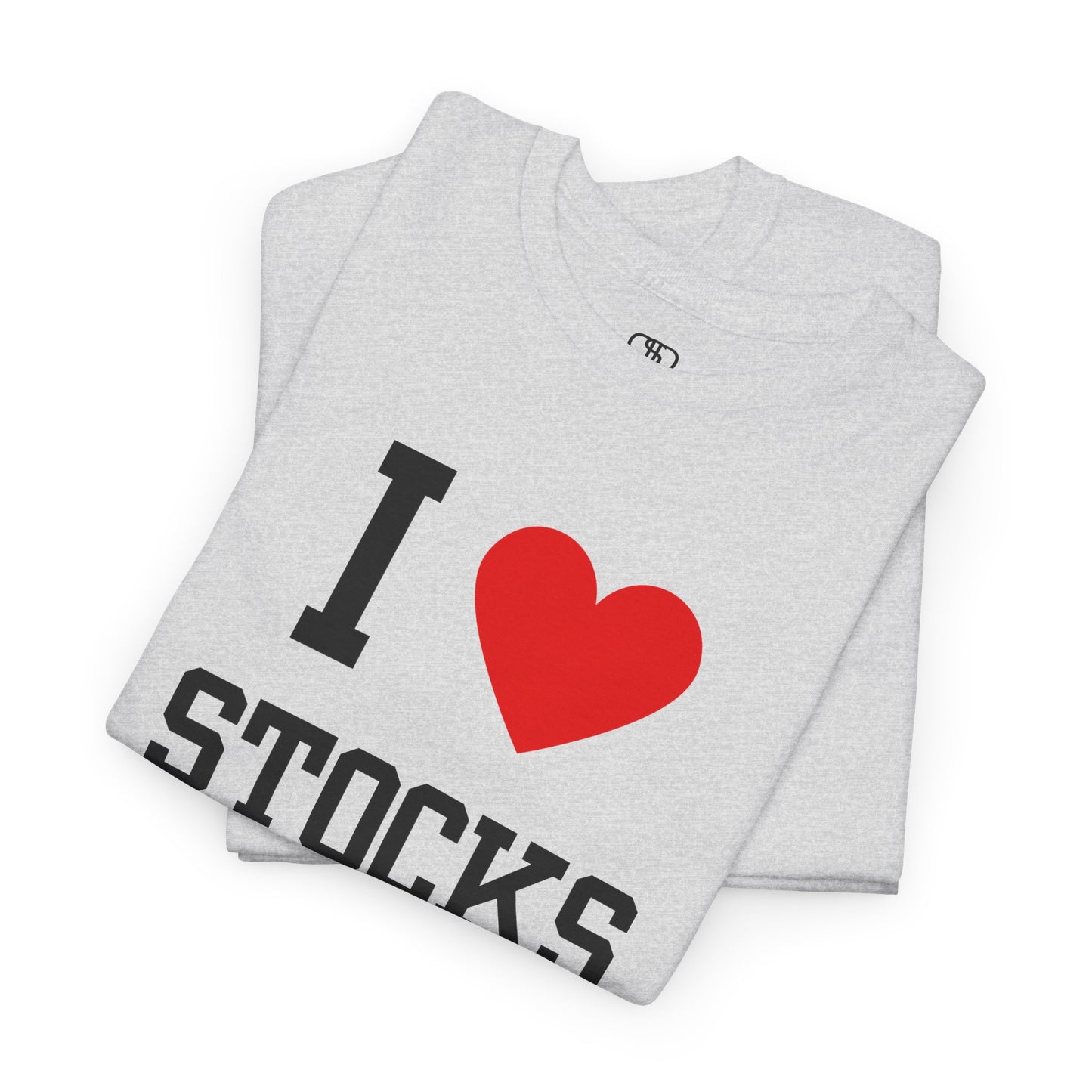 An ash gray t-shirt displaying the text "I," a red heart graphic symbolizing love, and the word "Stocks" in a classic, bold typeface.