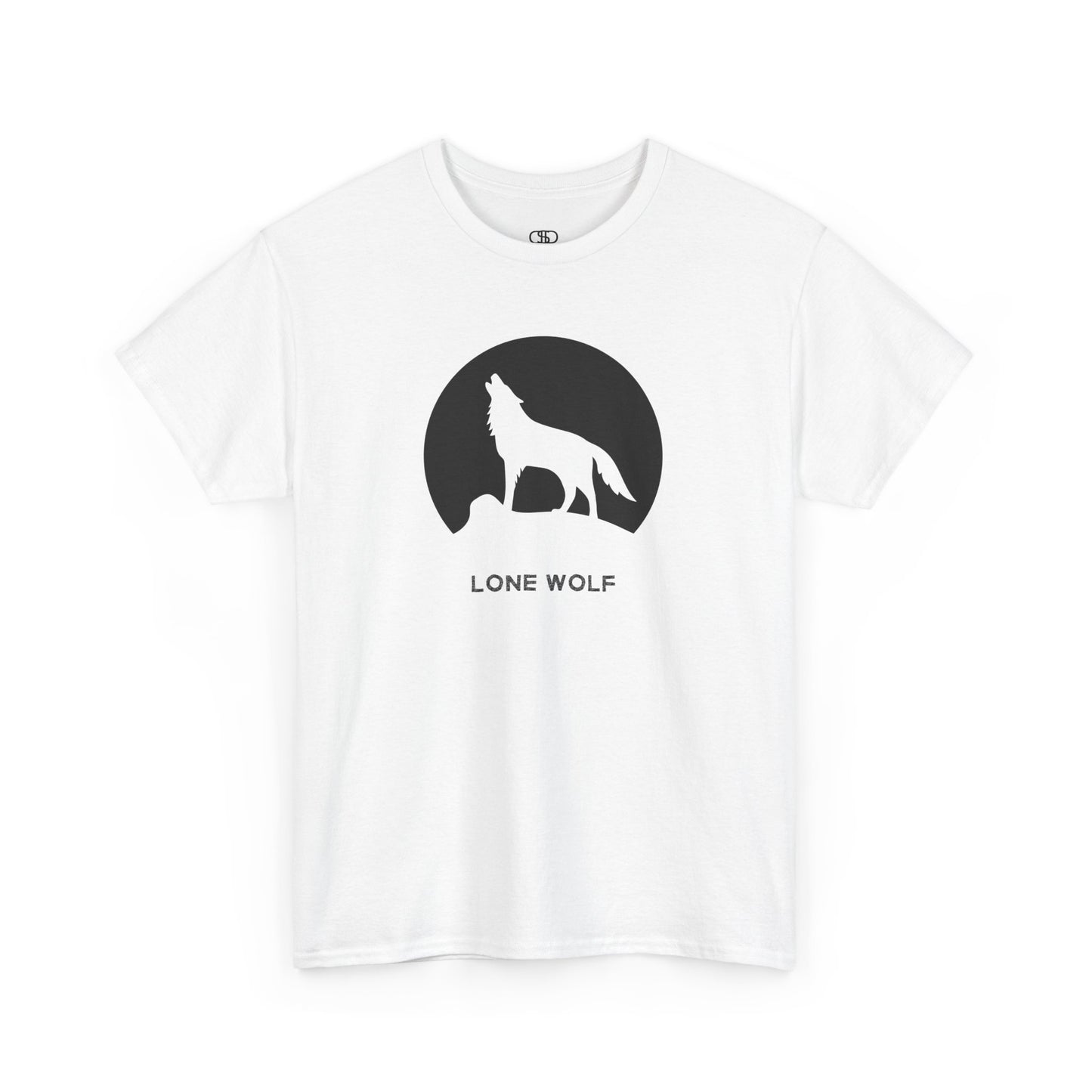 Graphic t-shirt with a black silhouette of a wolf howling on a mountain peak, with the words 'lone wolf' underneath.