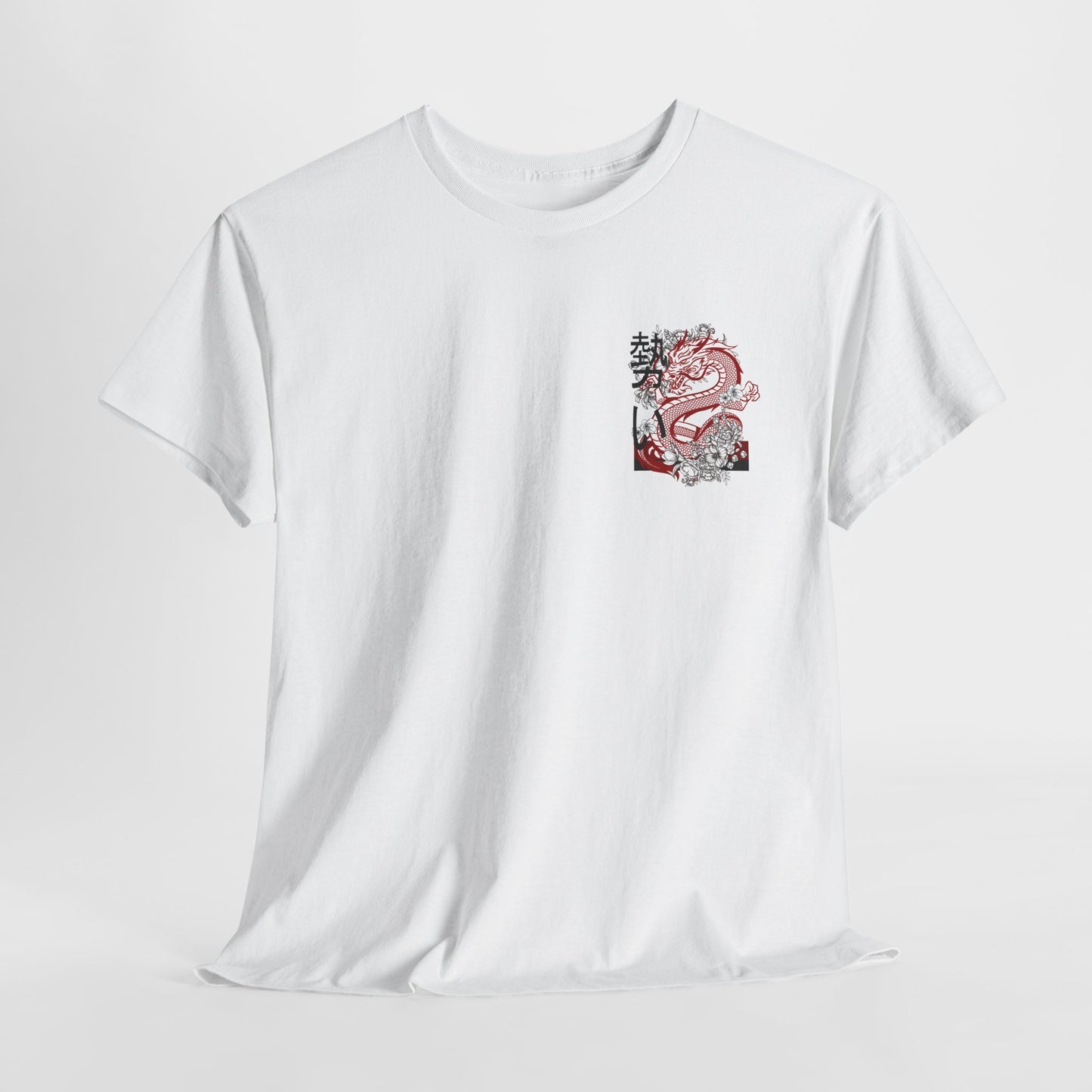 Front of a t-shirt featuring a fierce, stylized dragon in red, black, and white on the left chest area.