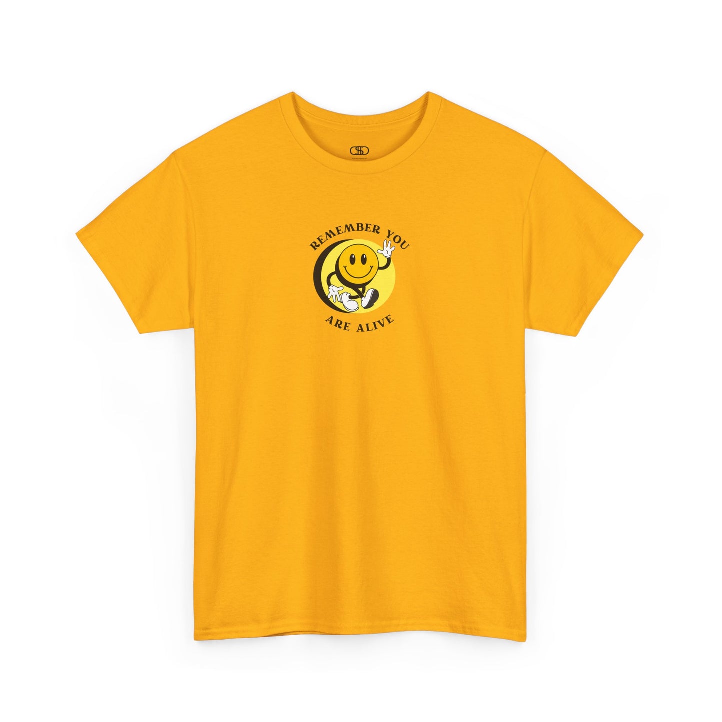 Front of a t-shirt showing a smiling waving emoji with curved text "Remember You Are Alive." The back shows a vibrant, smiling sunflower with the words "Make the Best Out of Everyday."