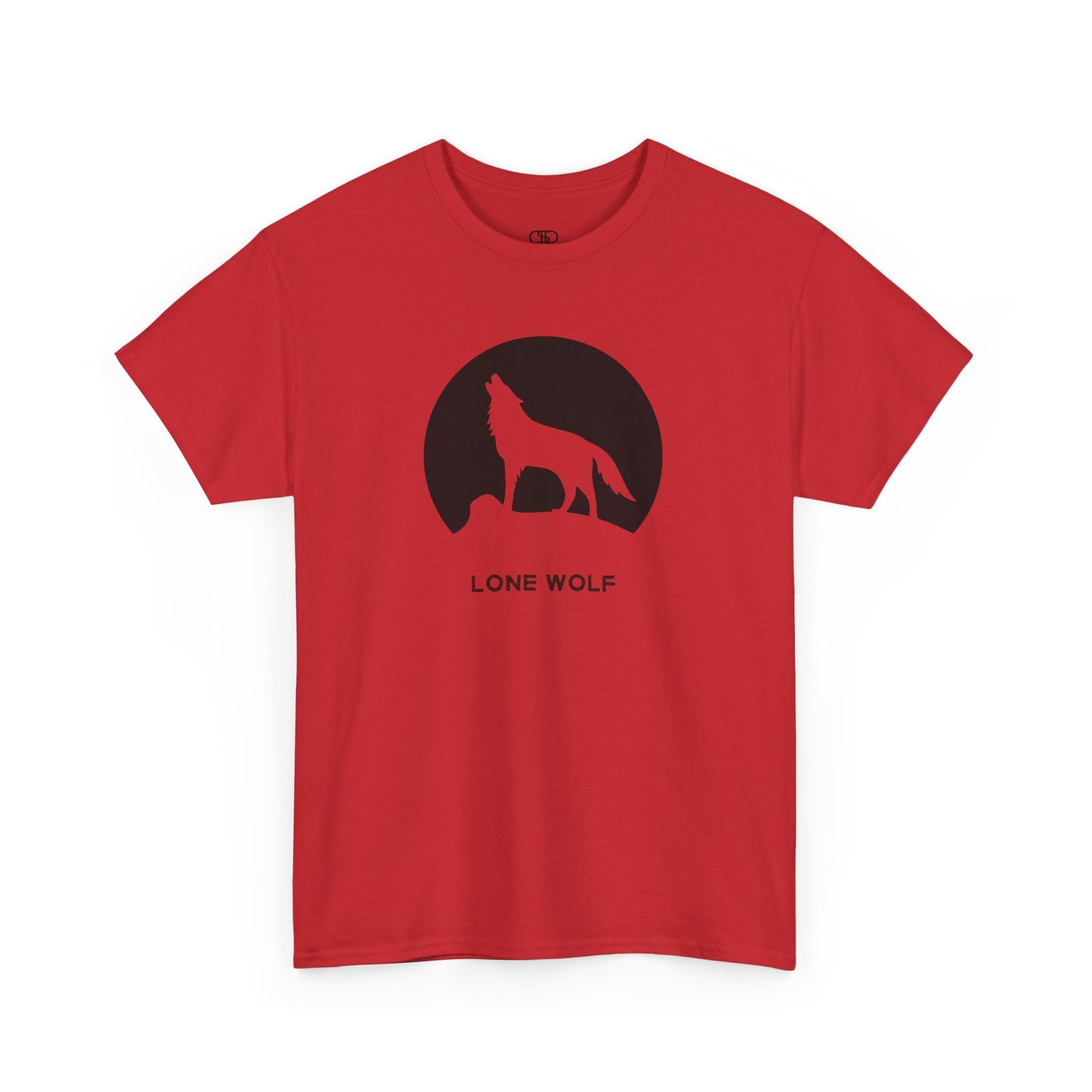 Graphic t-shirt with a black silhouette of a wolf howling on a mountain peak, with the words 'lone wolf' underneath.