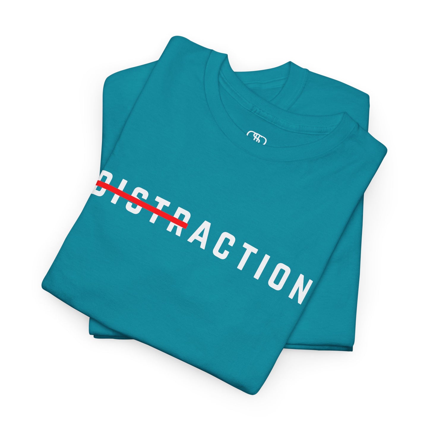 A folded A minimalist t-shirt featuring the word "Distraction" with the 'Dist' part crossed out, emphasizing the word 'Action' in a bold font.