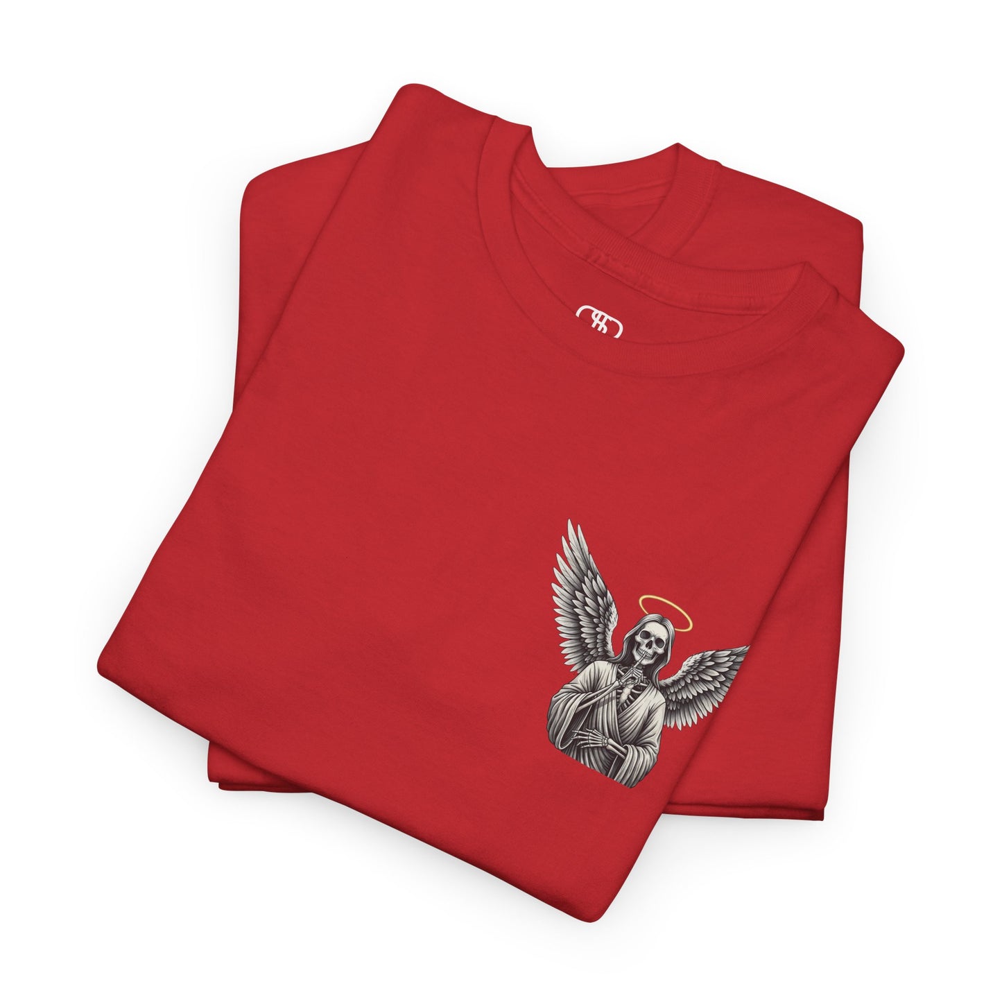 A red t-shirt with a skeleton angel on the front and the phrase “Shh. No one Cares” on the back.