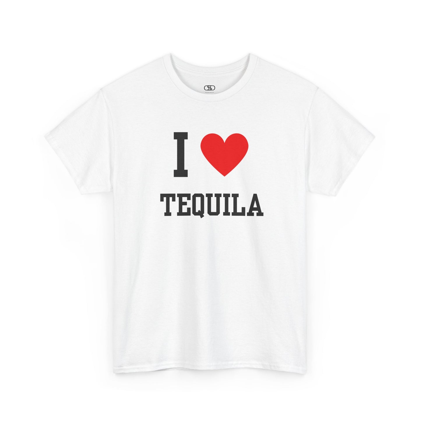 A t-shirt displaying the iconic "I Love" design, with the text "I," followed by a red heart symbol, and the word "Tequila" printed underneath.