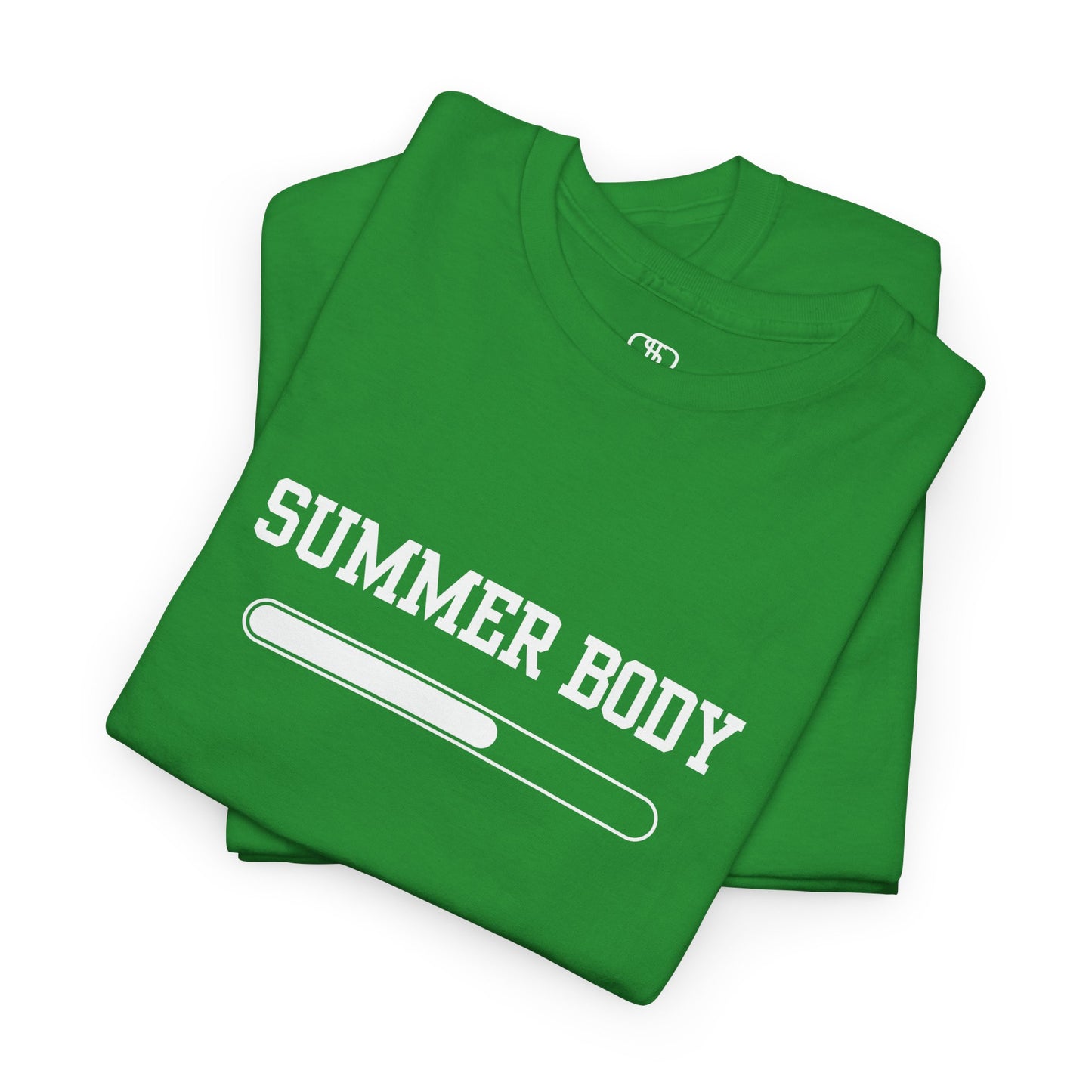 An Irish green t-shirt with a loading bar and “Summer Body” on the front and “I left my summer body at home I prefer not to show off” on the back.