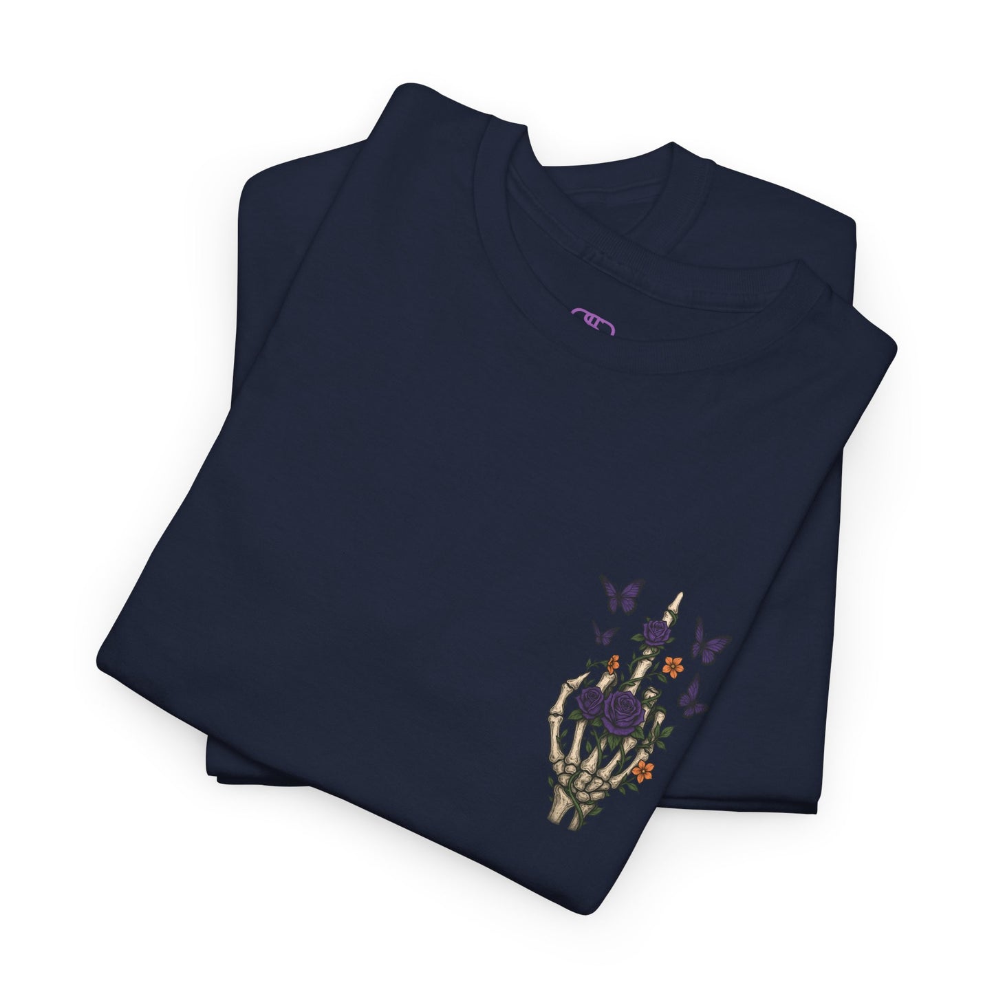 A navy t-shirt with a skeleton hand flipping its middle finger on the front surrounded by vines, roses, & butterflies, and a full skeleton design on the back with the phrase “My Last Flying Fuck.”
