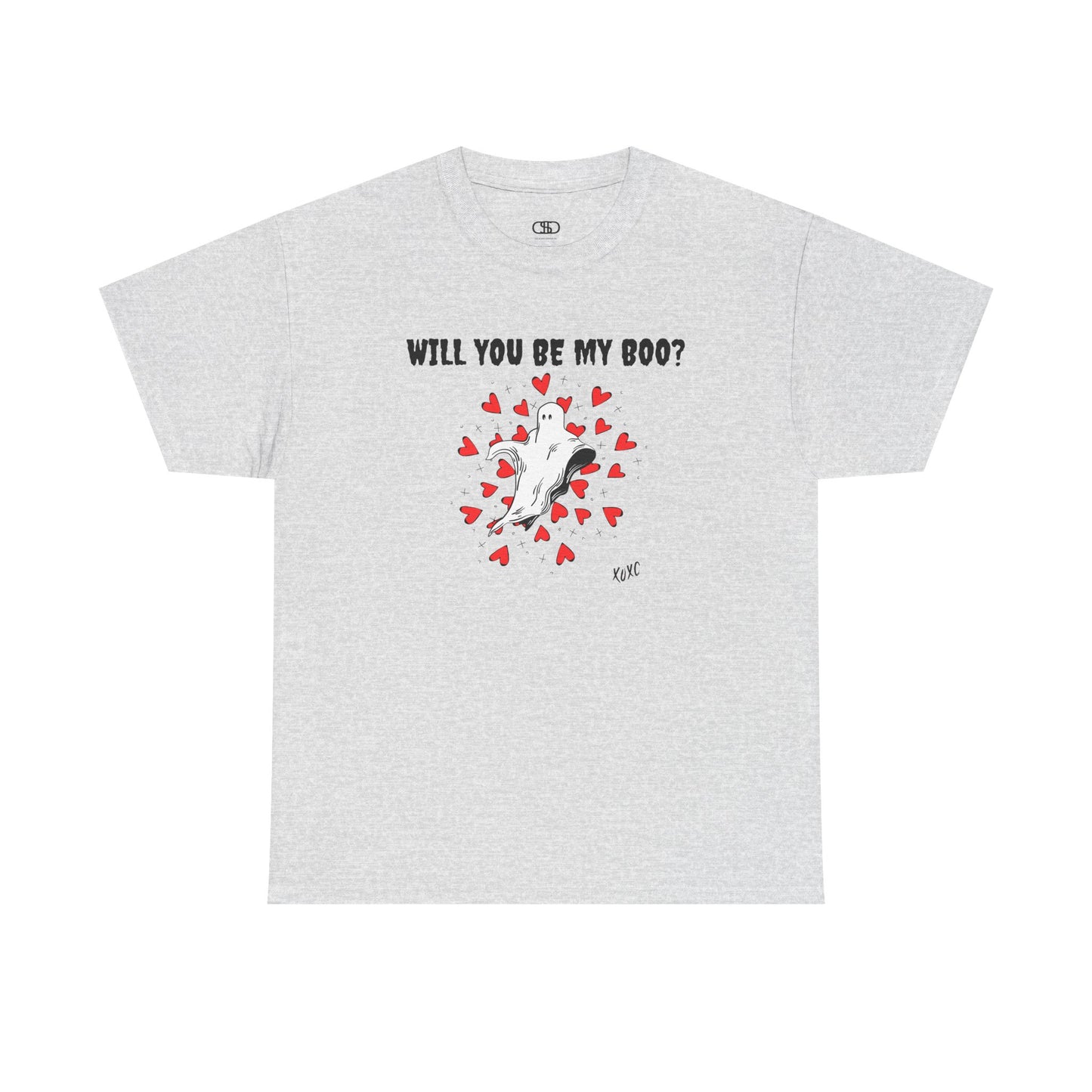 A t-shirt featuring a cute floating ghost surrounded by bursting hearts. At the top of the design, the text reads, "Will You Be my Boo?"