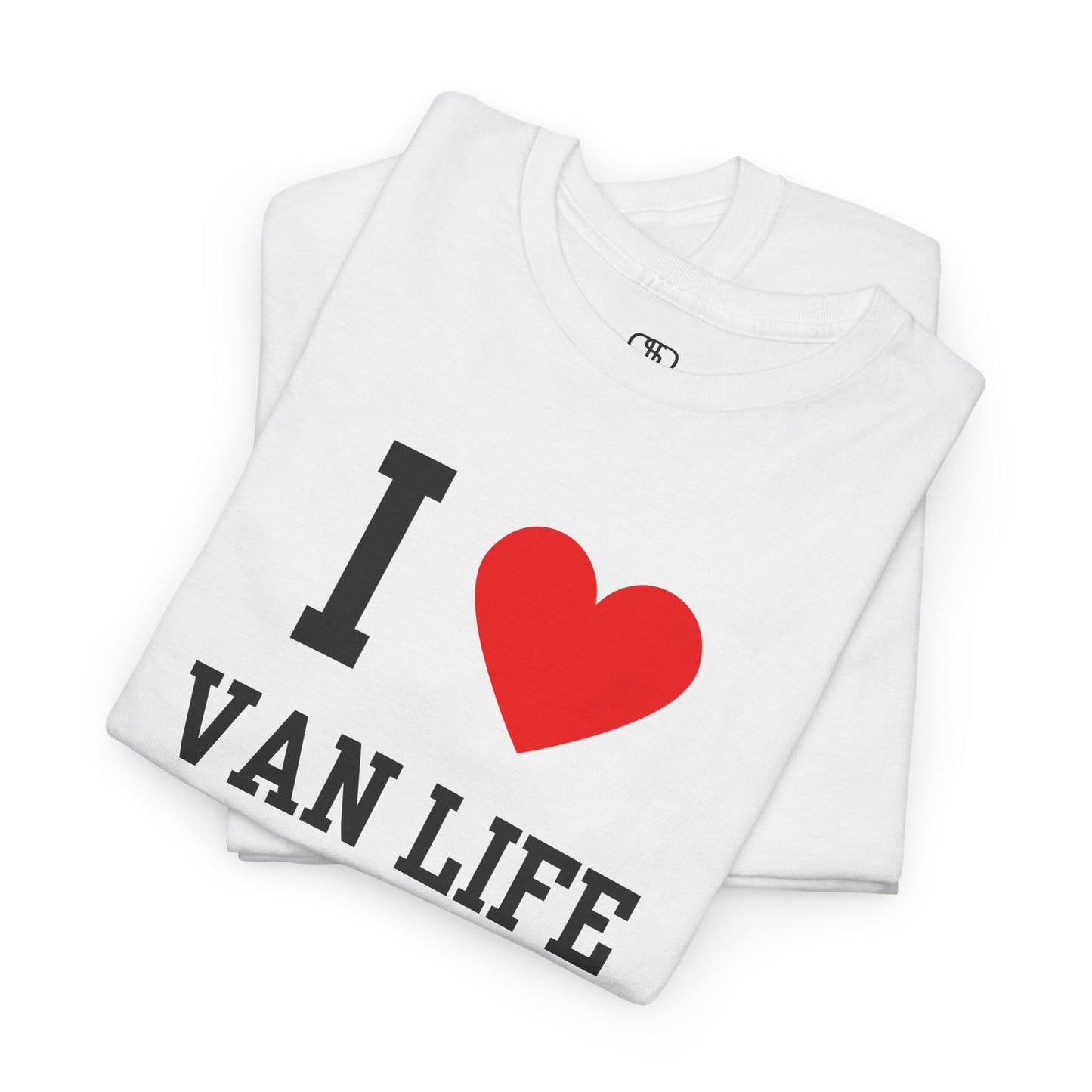 Folded White t-shirt with 'I ❤️ Van Life' text on a white background
