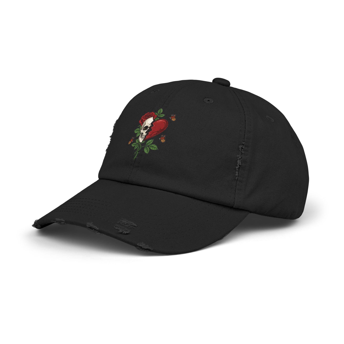 Gothic Rose Skull Heart Hat | Distressed Embroidered Streetwear Cap