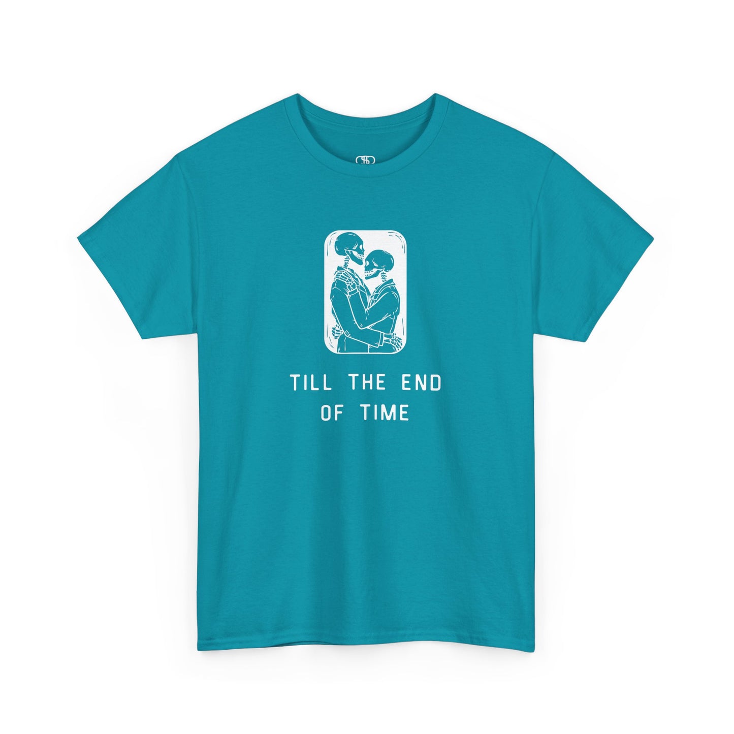 A t-shirt featuring a detailed print of two skeletons embracing in a hug with the text 'till the end of time' below them.