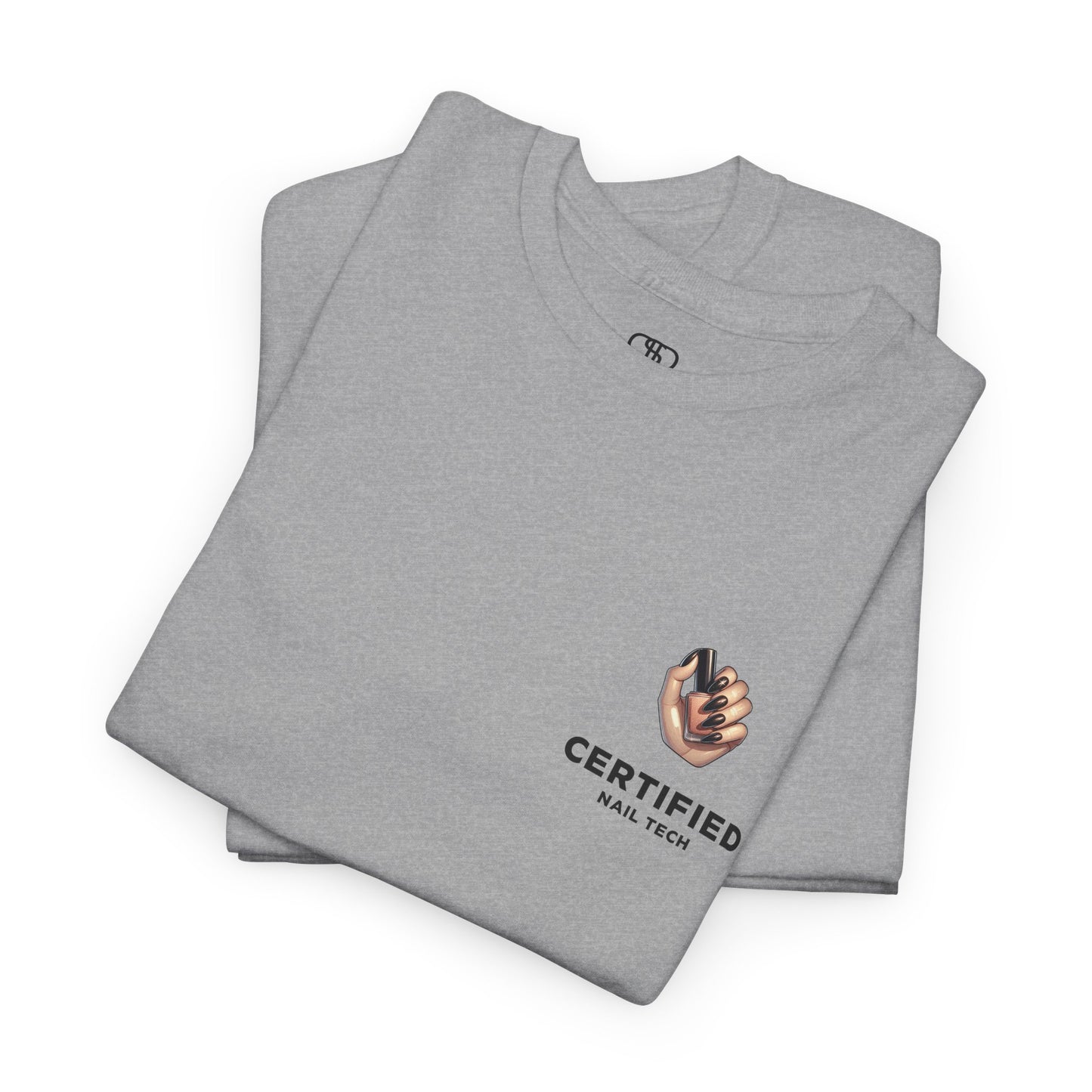 A gray t-shirt with a hand graphic design holding nail polish with polished nails followed by the words Certified Nail Tech beneath it.