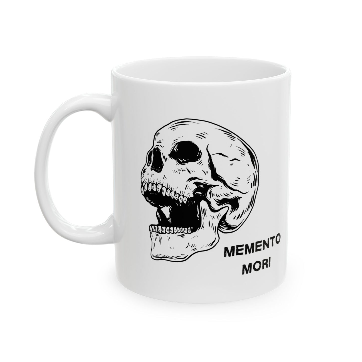 A white ceramic mug with a daring skull design and the words 'Memento Mori' printed on the side.