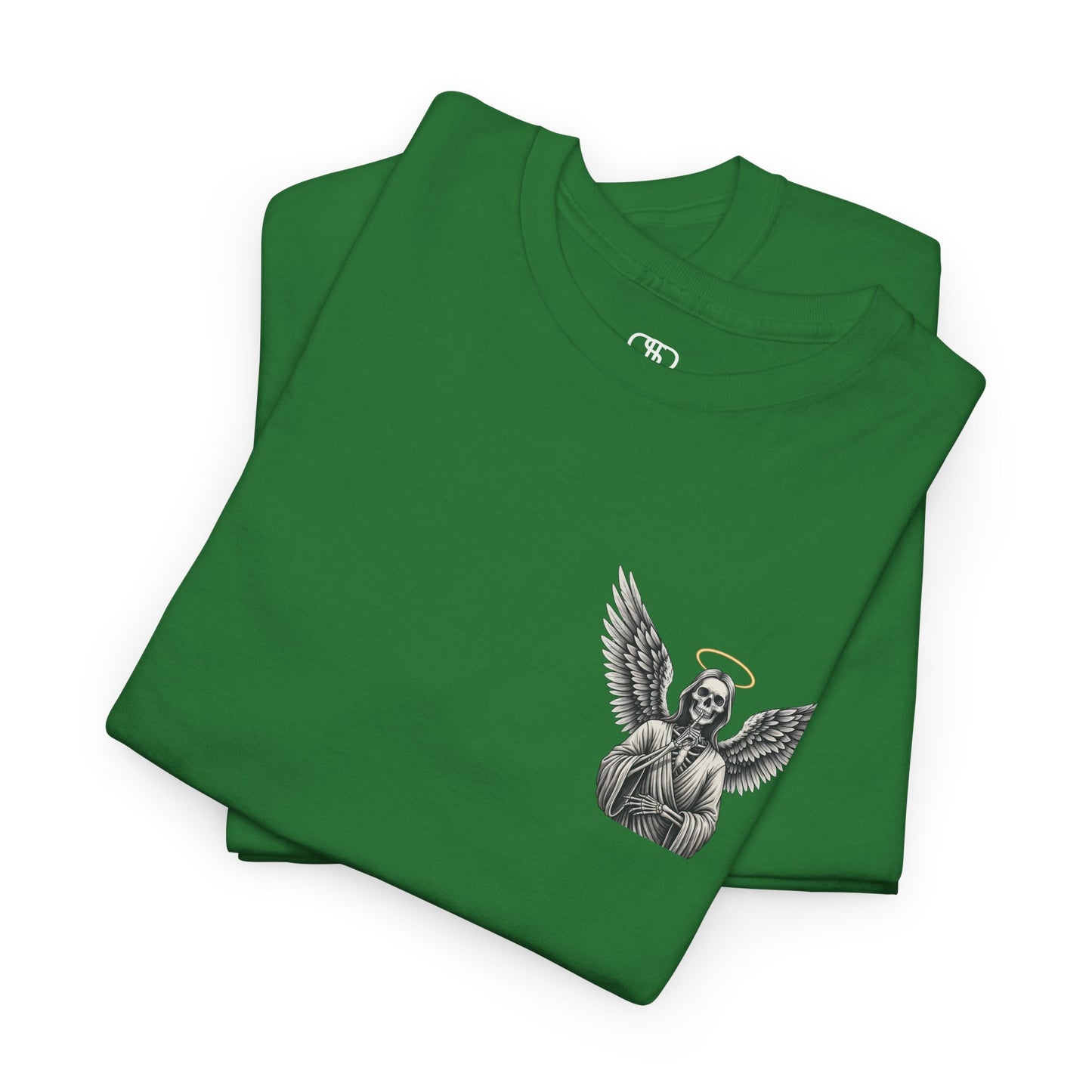An Irish green t-shirt with a skeleton angel on the front and the phrase “Shh. No one Cares” on the back.