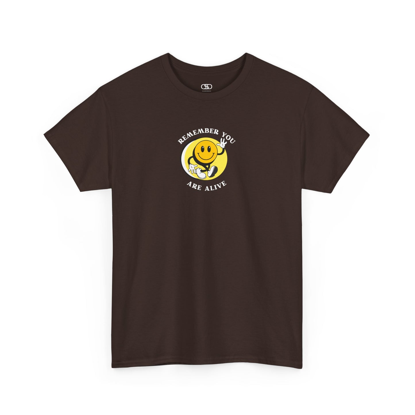 Front of a t-shirt showing a smiling waving emoji with curved text "Remember You Are Alive." The back shows a vibrant, smiling sunflower with the words "Make the Best Out of Everyday."