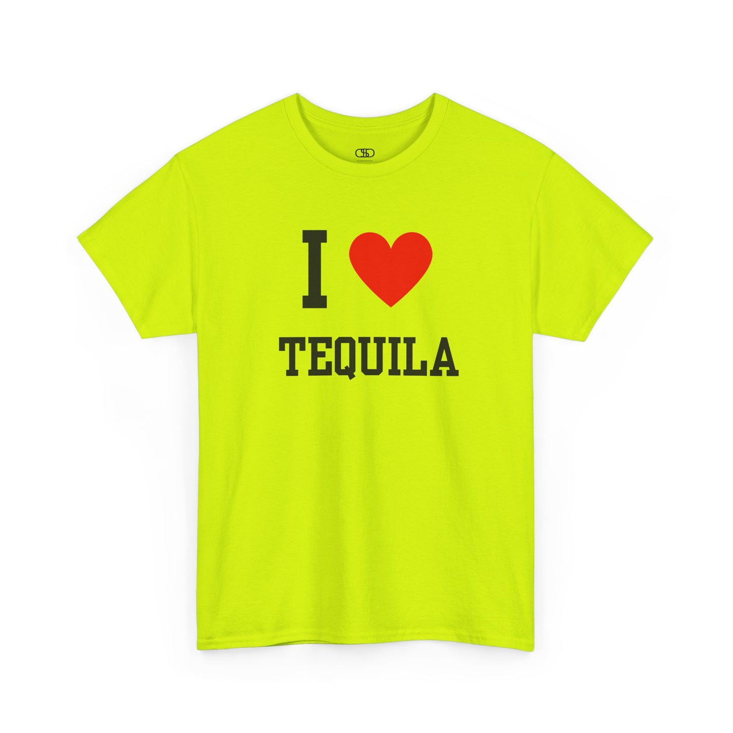 A safety green t-shirt displaying the iconic "I Love" design, with the text "I," followed by a red heart symbol, and the word "Tequila" printed underneath.