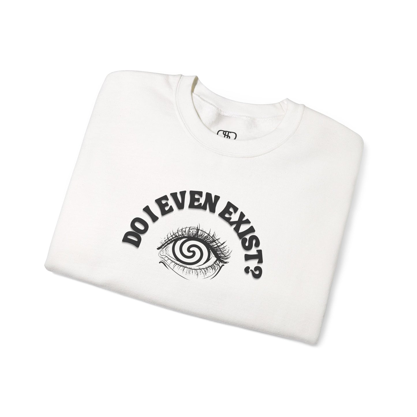 A folded white sweatshirt with a graphic print of a detailed, realistic eye that contains an optical illusion of a spiral. The text "Do I even Exist?" is printed above the eye in a clean font.