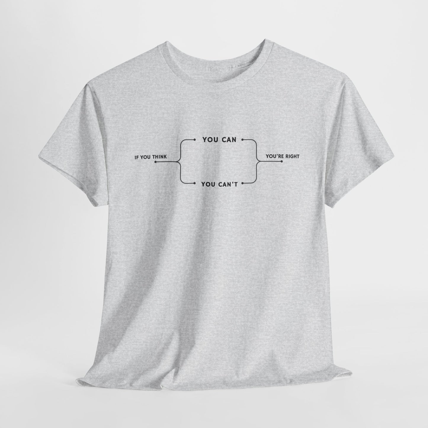 A t-shirt with a motivational flowchart design. It starts with "If you think..." which leads via arrows to two paths, "You can" and "You can't." Both paths converge at the bottom with the concluding phrase, "you are right."