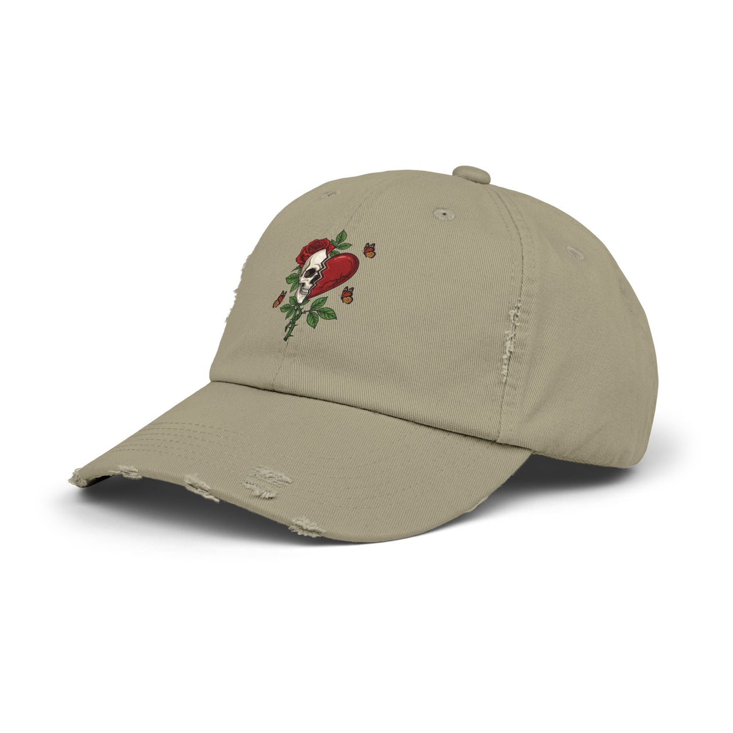Gothic Rose Skull Heart Hat | Distressed Embroidered Streetwear Cap