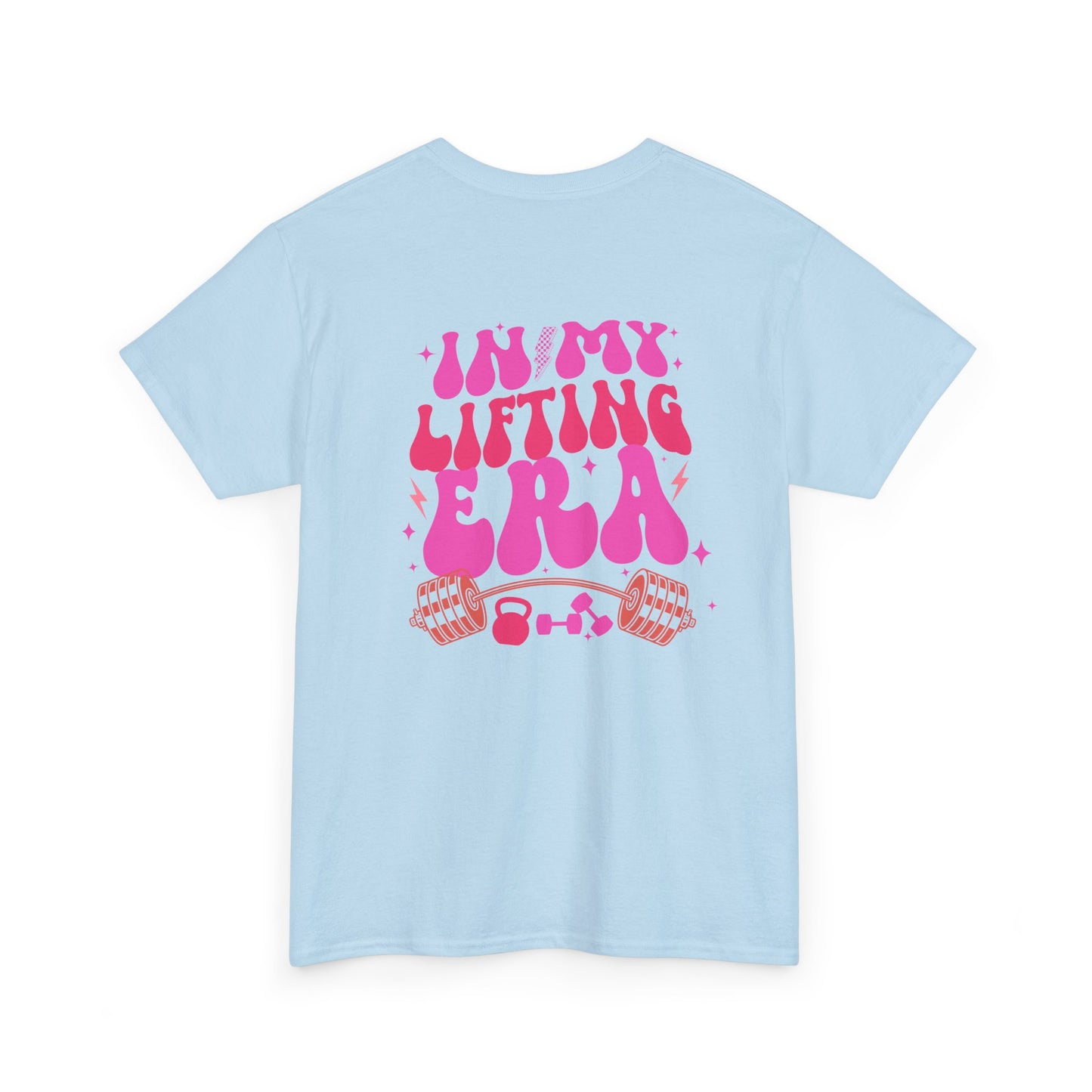 A light blue t-shirt with a retro smiley face on the front and the phrase “In my lifting Era” in a creative retro design on the back.