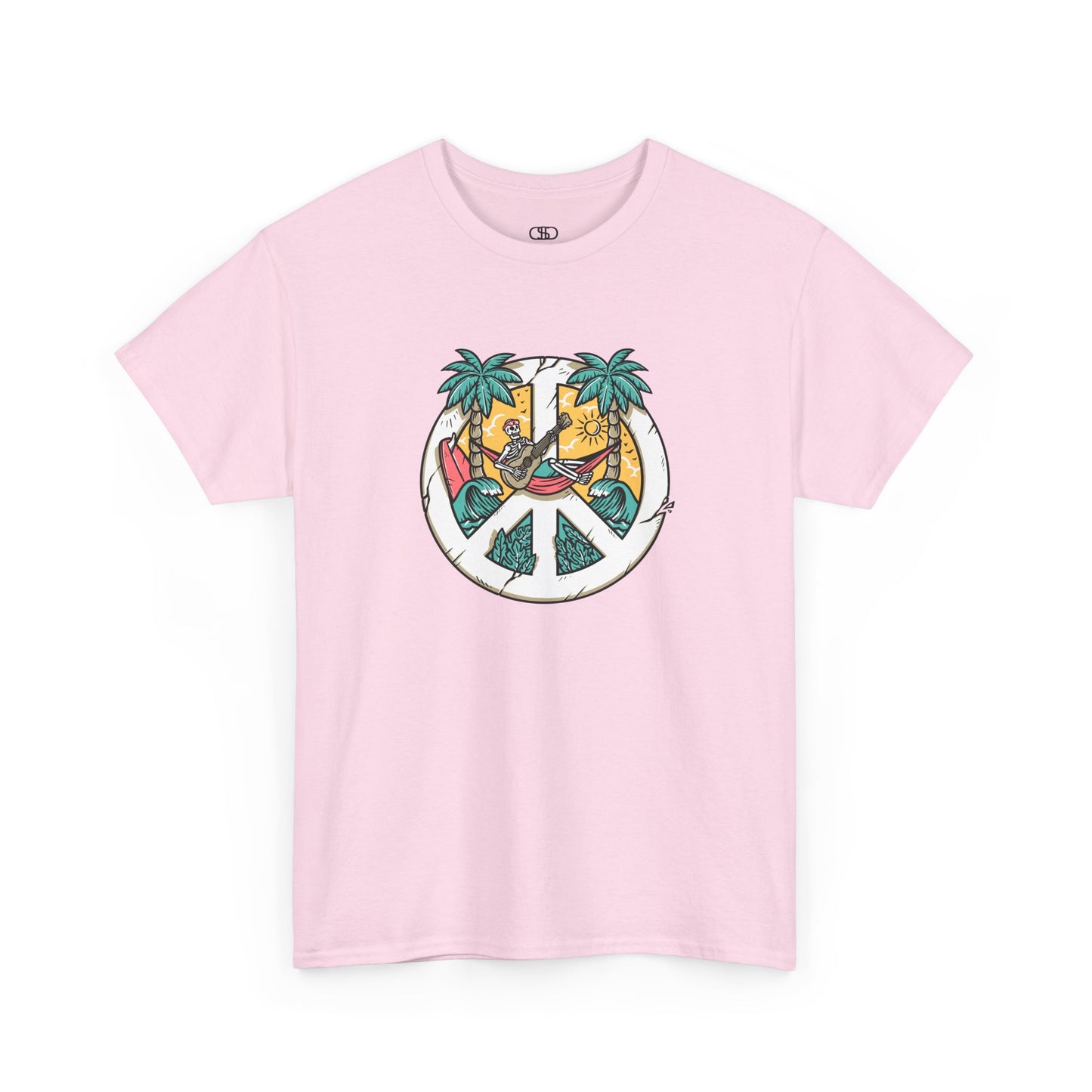 T-shirt showing a skeleton with a peace sign head, lying in a hammock playing a guitar between two palm trees with waves in the background.