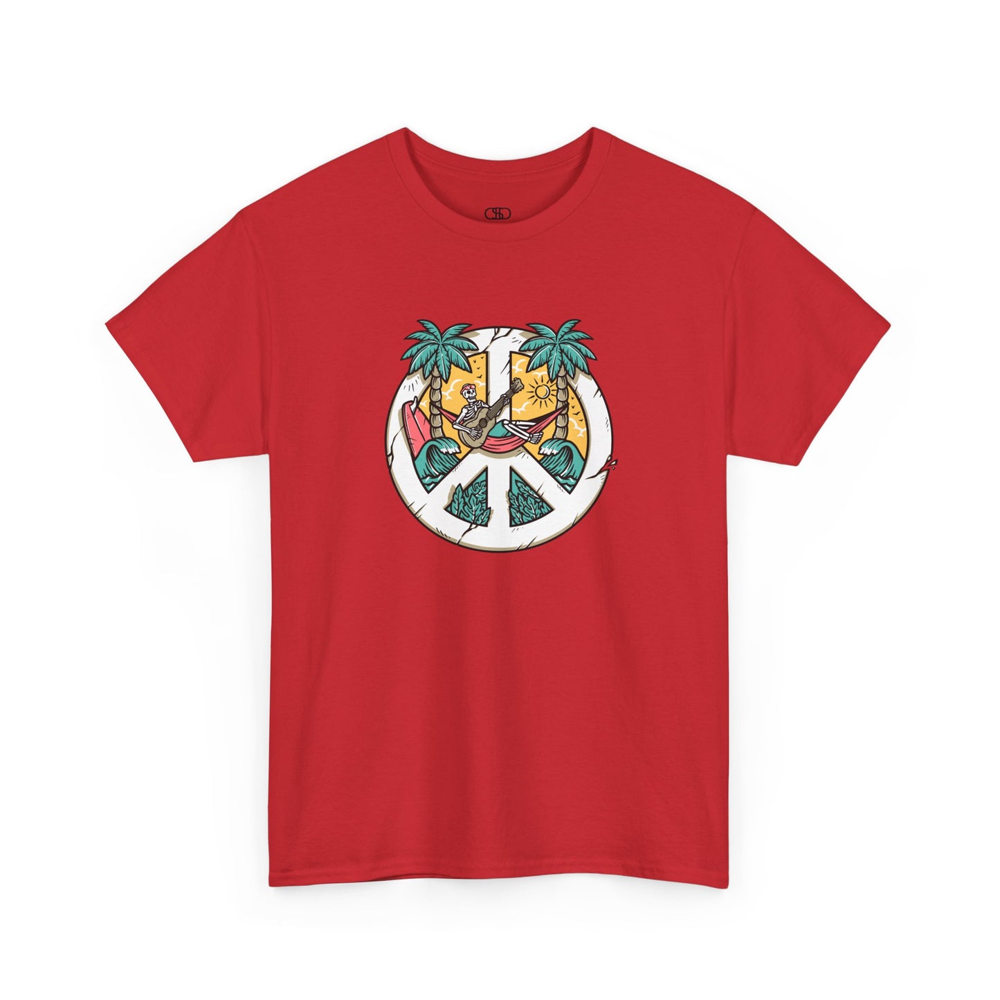 T-shirt showing a skeleton with a peace sign head, lying in a hammock playing a guitar between two palm trees with waves in the background.