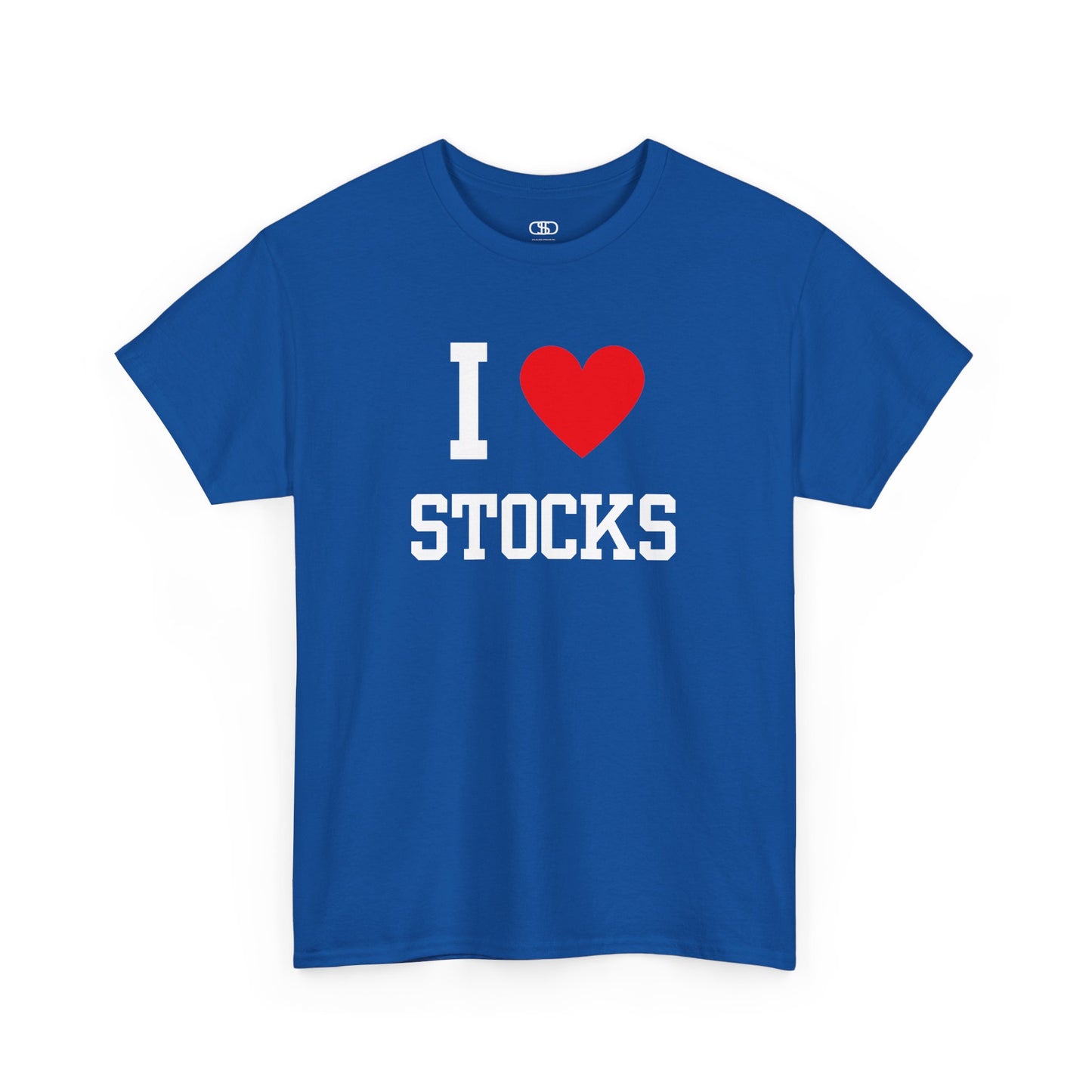 A royal blue t-shirt displaying the text "I," a red heart graphic symbolizing love, and the word "Stocks" in a classic, bold typeface.